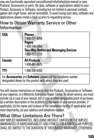 105may use functionally equivalent reconditioned/refurbished/pre-owned or new Products, Accessories or parts. No data, software or applications added to your Product, Accessory or Software, including but not limited to personal contacts, games and ringer tones, will be reinstalled. To avoid losing such data, software and applications please create a back up prior to requesting service.How to Obtain Warranty Service or Other InformationYou will receive instructions on how to ship the Products, Accessories or Software, at your expense, to a Motorola Authorized Repair Center. To obtain service, you must include: (a) a copy of your receipt, bill of sale or other comparable proof of purchase; (b) a written description of the problem; (c) the name of your service provider, if applicable; (d) the name and location of the installation facility (if applicable) and, most importantly; (e) your address and telephone number.What Other Limitations Are There?ANY IMPLIED WARRANTIES, INCLUDING WITHOUT LIMITATION THE IMPLIED WARRANTIES OF MERCHANTABILITY AND FITNESS FOR A PARTICULAR PURPOSE, SHALL BE LIMITED TO THE DURATION OF THIS LIMITED WARRANTY, OTHERWISE USA Phones1-800-331-6456Pagers1-800-548-9954Two-Way Radios and Messaging Devices1-800-353-2729Canada All Products1-800-461-4575TTY1-888-390-6456For Accessories and Software, please call the telephone number designated above for the product with which they are used.