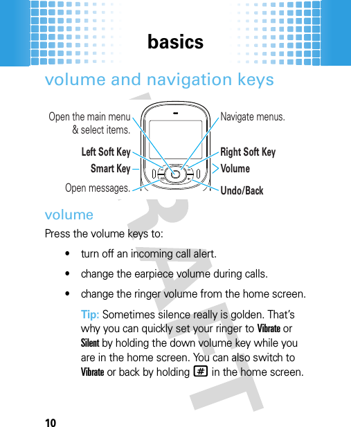 basics10volume and navigation keysvolumePress the volume keys to:•turn off an incoming call alert.•change the earpiece volume during calls.•change the ringer volume from the home screen.Tip: Sometimes silence really is golden. That’s why you can quickly set your ringer to Vibrate or Silent by holding the down volume key while you are in the home screen. You can also switch to Vibrate or back by holding# in the home screen.Left Soft KeySmart KeyOpen messages.VolumeUndo/BackRight Soft KeyNavigate menus.Open the main menu &amp; select items.