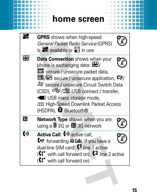 home screen15BGPRS shows when high-speed General Packet Radio Service (GPRS) is Bavailable or *in useLData Connection shows when your phone is exchanging data: L/Ksecure / unsecure packet data, N/Msecure / unsecure application, S/Tsecure / unsecure Circuit Switch Data (CSD), R/QUSB connect / transfer, }USB mass storage mode, 8High-Speed Downlink Packet Access (HSDPA), OBluetooth®kNetwork Type shows when you are using a b2G or k3G networkhActive Call: hactive call, gforwarding All Calls. If you have a dual-line SIM card: fline 1 active (iwith call forward on), eline 2 active (jwith call forward on)