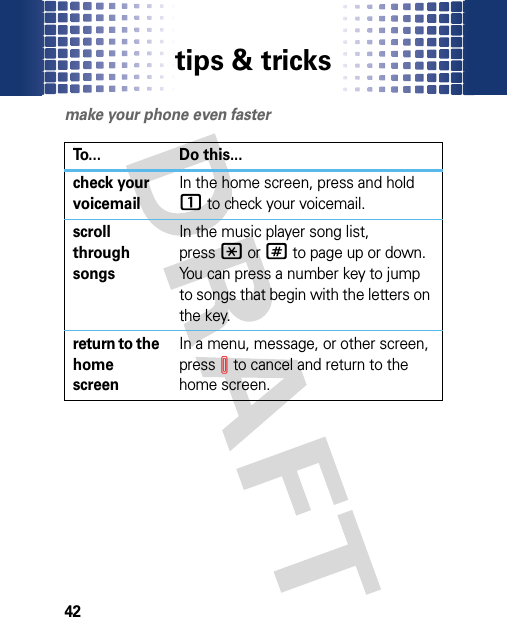 tips &amp; tricks42tips &amp; tricksmake your phone even fasterTo... Do this...check your voicemailIn the home screen, press and hold 1 to check your voicemail.scroll through songsIn the music player song list, press*or# to page up or down. You can press a number key to jump to songs that begin with the letters on the key.return to the home screenIn a menu, message, or other screen, pressI to cancel and return to the home screen.