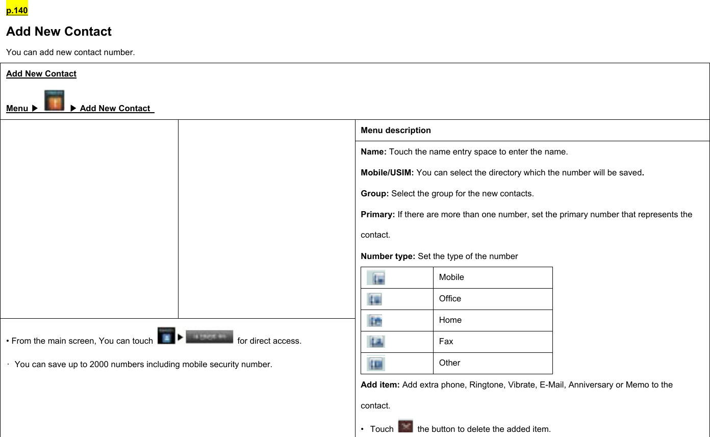 p.140 Add New Contact You can add new contact number. Add New Contact Menu ▶  ▶ Add New Contact   Menu description   • From the main screen, You can touch    for direct access. •  You can save up to 2000 numbers including mobile security number. Name: Touch the name entry space to enter the name. Mobile/USIM: You can select the directory which the number will be saved. Group: Select the group for the new contacts. Primary: If there are more than one number, set the primary number that represents the contact. Number type: Set the type of the number    Mobile  Office  Home  Fax  Other Add item: Add extra phone, Ringtone, Vibrate, E-Mail, Anniversary or Memo to the contact. • Touch    the button to delete the added item. 