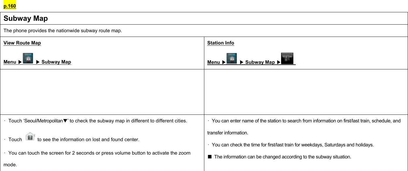 p.160 Subway Map The phone provides the nationwide subway route map. View Route Map Menu ▶ ▶ Subway Map Station Info Menu ▶ ▶ Subway Map ▶     • Touch ‘Seoul/Metropolitan▼’ to check the subway map in different to different cities. • Touch    to see the information on lost and found center. •  You can touch the screen for 2 seconds or press volume button to activate the zoom mode. •  You can enter name of the station to search from information on first/last train, schedule, and transfer information. •  You can check the time for first/last train for weekdays, Saturdays and holidays. ■  The information can be changed according to the subway situation.        