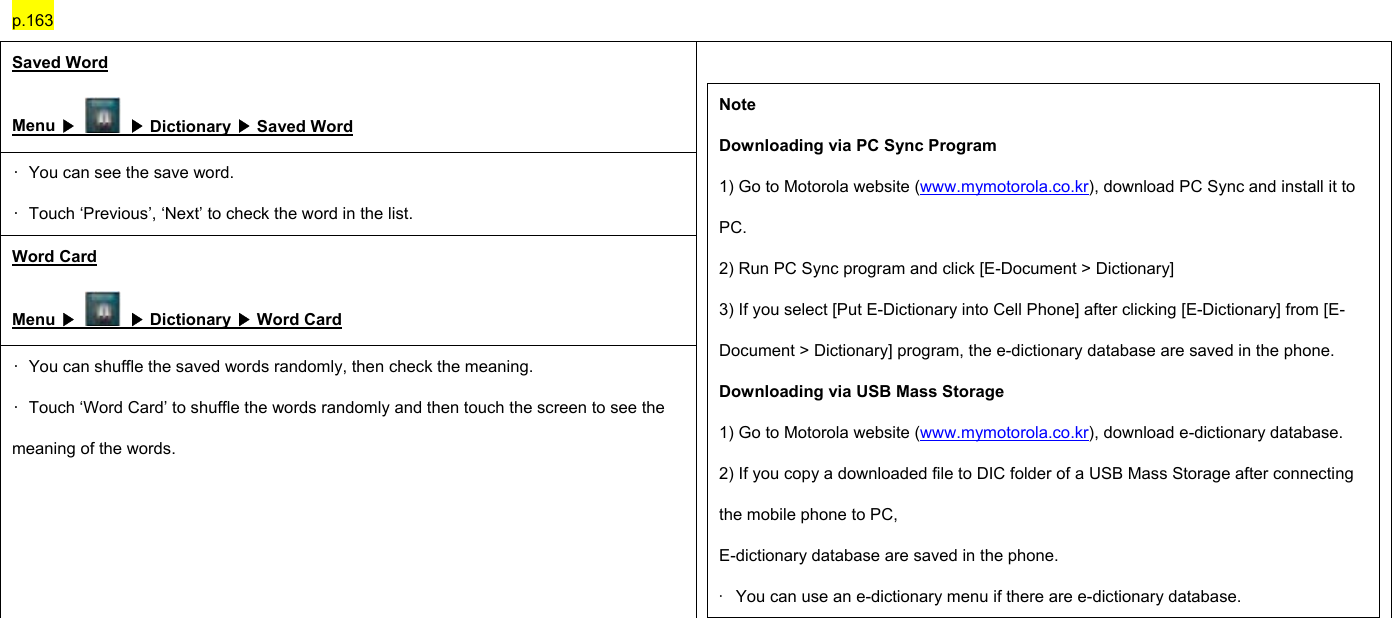 p.163 Saved Word Menu ▶  ▶ Dictionary ▶ Saved Word •  You can see the save word. •  Touch ‘Previous’, ‘Next’ to check the word in the list. Word Card Menu ▶  ▶ Dictionary ▶ Word Card •  You can shuffle the saved words randomly, then check the meaning. •  Touch ‘Word Card’ to shuffle the words randomly and then touch the screen to see the meaning of the words.  Note Downloading via PC Sync Program 1) Go to Motorola website (www.mymotorola.co.kr), download PC Sync and install it to PC. 2) Run PC Sync program and click [E-Document &gt; Dictionary] 3) If you select [Put E-Dictionary into Cell Phone] after clicking [E-Dictionary] from [E-Document &gt; Dictionary] program, the e-dictionary database are saved in the phone. Downloading via USB Mass Storage 1) Go to Motorola website (www.mymotorola.co.kr), download e-dictionary database. 2) If you copy a downloaded file to DIC folder of a USB Mass Storage after connecting the mobile phone to PC, E-dictionary database are saved in the phone. ·  You can use an e-dictionary menu if there are e-dictionary database.        