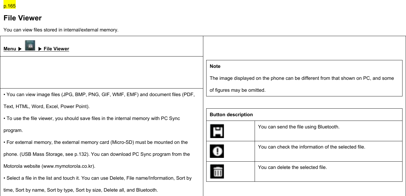  p.165 File Viewer You can view files stored in internal/external memory. Menu ▶  ▶ File Viewer  • You can view image files (JPG, BMP, PNG, GIF, WMF, EMF) and document files (PDF, Text, HTML, Word, Excel, Power Point). • To use the file viewer, you should save files in the internal memory with PC Sync program. • For external memory, the external memory card (Micro-SD) must be mounted on the phone. (USB Mass Storage, see p.132). You can download PC Sync program from the Motorola website (www.mymotorola.co.kr). • Select a file in the list and touch it. You can use Delete, File name/Information, Sort by time, Sort by name, Sort by type, Sort by size, Delete all, and Bluetooth.   Note The image displayed on the phone can be different from that shown on PC, and some of figures may be omitted.  Button description  You can send the file using Bluetooth.  You can check the information of the selected file.  You can delete the selected file.      