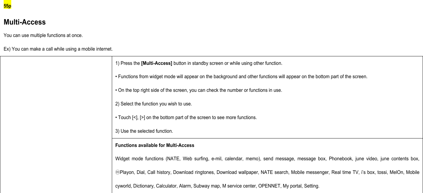 55p Multi-Access You can use multiple functions at once. Ex) You can make a call while using a mobile internet.   1) Press the [Multi-Access] button in standby screen or while using other function.   • Functions from widget mode will appear on the background and other functions will appear on the bottom part of the screen.   • On the top right side of the screen, you can check the number or functions in use. 2) Select the function you wish to use. • Touch [&lt;], [&gt;] on the bottom part of the screen to see more functions.   3) Use the selected function.    Functions available for Multi-Access Widget mode functions (NATE, Web surfing, e-mil, calendar, memo), send message, message box, Phonebook, june video, june contents box, ⓜPlayon, Dial, Call history, Download ringtones, Download wallpaper, NATE search, Mobile messenger, Real time TV, i’s box, tossi, MelOn, Mobile cyworld, Dictionary, Calculator, Alarm, Subway map, M service center, OPENNET, My portal, Setting.          