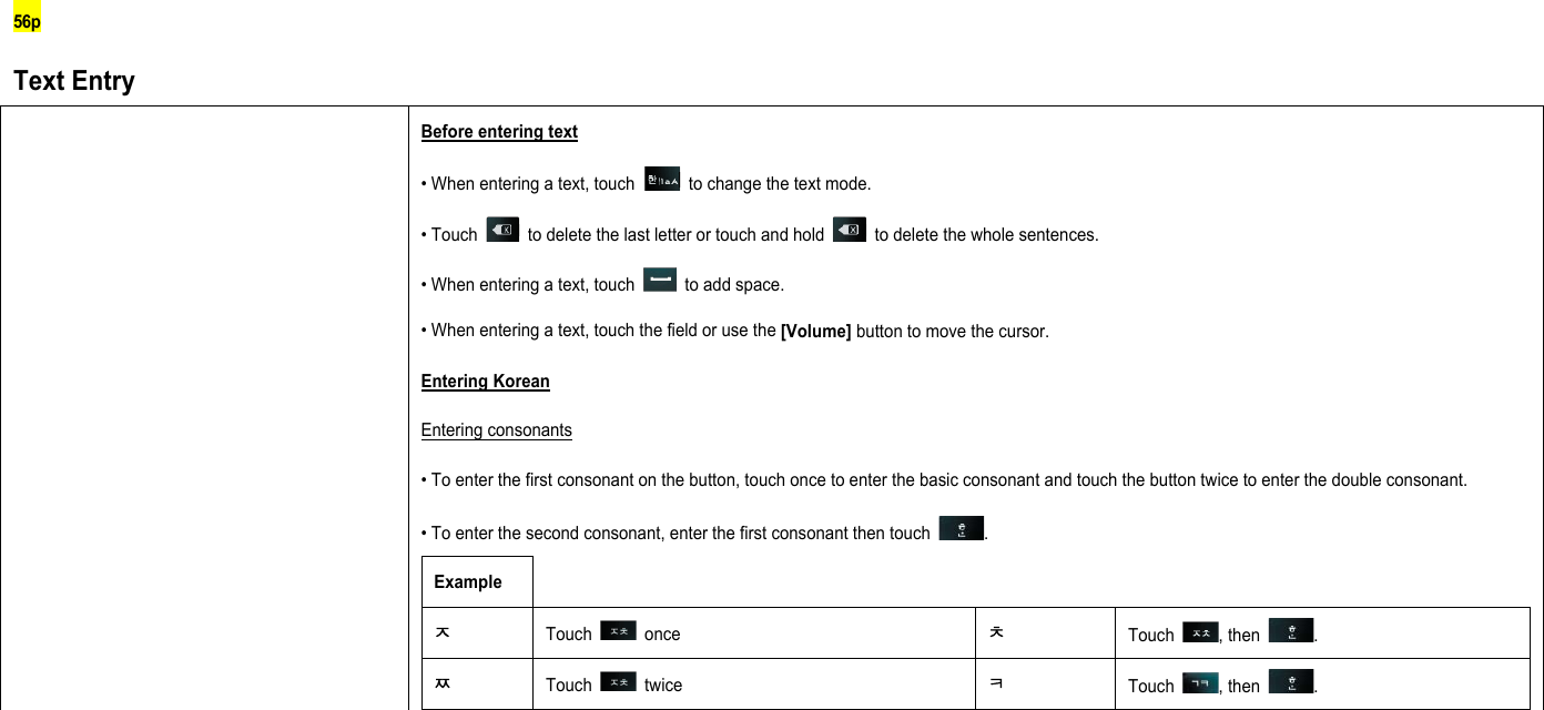 56p Text Entry  Before entering text • When entering a text, touch    to change the text mode.   • Touch    to delete the last letter or touch and hold    to delete the whole sentences. • When entering a text, touch   to add space.  • When entering a text, touch the field or use the [Volume] button to move the cursor. Entering Korean Entering consonants • To enter the first consonant on the button, touch once to enter the basic consonant and touch the button twice to enter the double consonant. • To enter the second consonant, enter the first consonant then touch  . Example ㅈ Touch   once ㅊ Touch  , then  . ㅉ Touch   twice ㅋ Touch  , then  .       