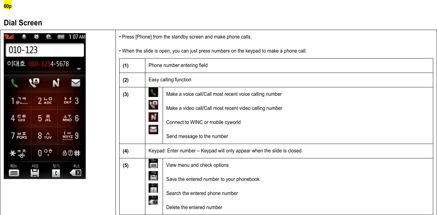60p Dial Screen  • Press [Phone] from the standby screen and make phone calls. • When the slide is open, you can just press numbers on the keypad to make a phone call. (1) Phone number entering field (2) Easy calling function (3)  Make a voice call/Call most recent voice calling number Make a video call/Call most recent video calling number   Connect to WINC or mobile cyworld Send message to the number (4) Keypad: Enter number – Keypad will only appear when the slide is closed. (5) View menu and check options Save the entered number to your phonebook Search the entered phone number Delete the entered number      