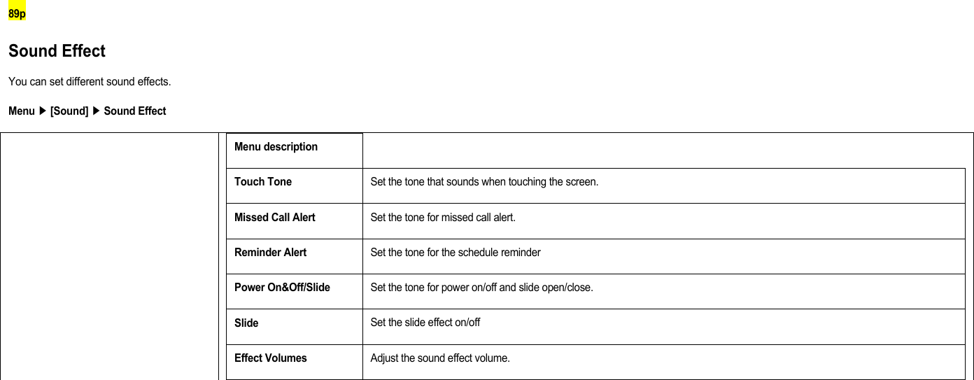 89p Sound Effect You can set different sound effects. Menu ▶ [Sound] ▶ Sound Effect  Menu description Touch Tone Set the tone that sounds when touching the screen. Missed Call Alert Set the tone for missed call alert. Reminder Alert Set the tone for the schedule reminder Power On&amp;Off/Slide Set the tone for power on/off and slide open/close. Slide Set the slide effect on/off Effect Volumes Adjust the sound effect volume.         