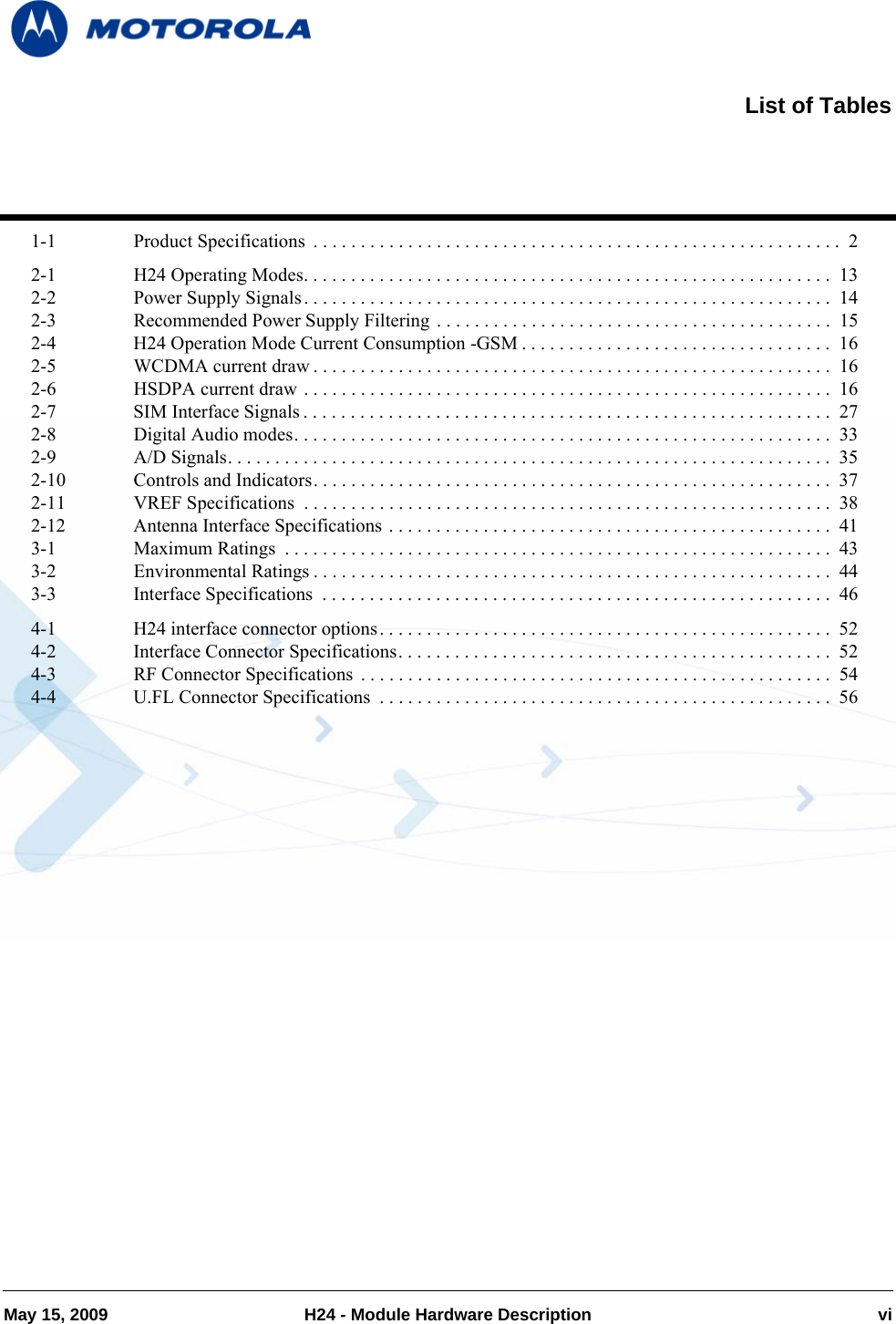 May 15, 2009 H24 - Module Hardware Description vi1-1 Product Specifications  . . . . . . . . . . . . . . . . . . . . . . . . . . . . . . . . . . . . . . . . . . . . . . . . . . . . . . . .  22-1 H24 Operating Modes. . . . . . . . . . . . . . . . . . . . . . . . . . . . . . . . . . . . . . . . . . . . . . . . . . . . . . . .  132-2 Power Supply Signals. . . . . . . . . . . . . . . . . . . . . . . . . . . . . . . . . . . . . . . . . . . . . . . . . . . . . . . .  142-3 Recommended Power Supply Filtering  . . . . . . . . . . . . . . . . . . . . . . . . . . . . . . . . . . . . . . . . . .  152-4 H24 Operation Mode Current Consumption -GSM . . . . . . . . . . . . . . . . . . . . . . . . . . . . . . . . .  162-5 WCDMA current draw . . . . . . . . . . . . . . . . . . . . . . . . . . . . . . . . . . . . . . . . . . . . . . . . . . . . . . .  162-6 HSDPA current draw . . . . . . . . . . . . . . . . . . . . . . . . . . . . . . . . . . . . . . . . . . . . . . . . . . . . . . . .  162-7 SIM Interface Signals . . . . . . . . . . . . . . . . . . . . . . . . . . . . . . . . . . . . . . . . . . . . . . . . . . . . . . . .  272-8 Digital Audio modes. . . . . . . . . . . . . . . . . . . . . . . . . . . . . . . . . . . . . . . . . . . . . . . . . . . . . . . . .  332-9 A/D Signals. . . . . . . . . . . . . . . . . . . . . . . . . . . . . . . . . . . . . . . . . . . . . . . . . . . . . . . . . . . . . . . .  352-10 Controls and Indicators. . . . . . . . . . . . . . . . . . . . . . . . . . . . . . . . . . . . . . . . . . . . . . . . . . . . . . .  372-11 VREF Specifications  . . . . . . . . . . . . . . . . . . . . . . . . . . . . . . . . . . . . . . . . . . . . . . . . . . . . . . . .  382-12 Antenna Interface Specifications . . . . . . . . . . . . . . . . . . . . . . . . . . . . . . . . . . . . . . . . . . . . . . .  413-1 Maximum Ratings  . . . . . . . . . . . . . . . . . . . . . . . . . . . . . . . . . . . . . . . . . . . . . . . . . . . . . . . . . .  433-2 Environmental Ratings . . . . . . . . . . . . . . . . . . . . . . . . . . . . . . . . . . . . . . . . . . . . . . . . . . . . . . .  443-3 Interface Specifications  . . . . . . . . . . . . . . . . . . . . . . . . . . . . . . . . . . . . . . . . . . . . . . . . . . . . . .  464-1 H24 interface connector options. . . . . . . . . . . . . . . . . . . . . . . . . . . . . . . . . . . . . . . . . . . . . . . .  524-2 Interface Connector Specifications. . . . . . . . . . . . . . . . . . . . . . . . . . . . . . . . . . . . . . . . . . . . . . 524-3 RF Connector Specifications  . . . . . . . . . . . . . . . . . . . . . . . . . . . . . . . . . . . . . . . . . . . . . . . . . .  544-4 U.FL Connector Specifications  . . . . . . . . . . . . . . . . . . . . . . . . . . . . . . . . . . . . . . . . . . . . . . . . 56List of Tables