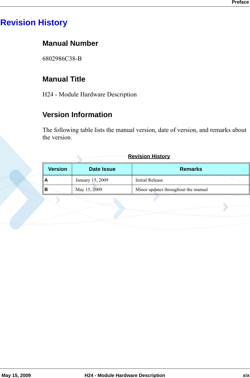  Preface May 15, 2009 H24 - Module Hardware Description xixRevision HistoryManual Number6802986C38-BManual TitleH24 - Module Hardware Description Version InformationThe following table lists the manual version, date of version, and remarks about the version.Revision HistoryVersion Date Issue RemarksAJanuary 15, 2009 Initial ReleaseBMay 15, 2009 Minor updates throughout the manual