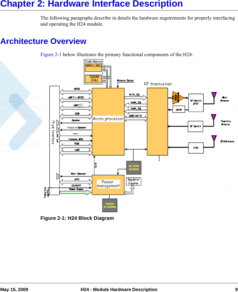 May 15, 2009 H24 - Module Hardware Description 9Chapter 2: Hardware Interface DescriptionThe following paragraphs describe in details the hardware requirements for properly interfacing and operating the H24 module.Architecture OverviewFigure 2-1 below illustrates the primary functional components of the H24.Figure 2-1: H24 Block Diagram