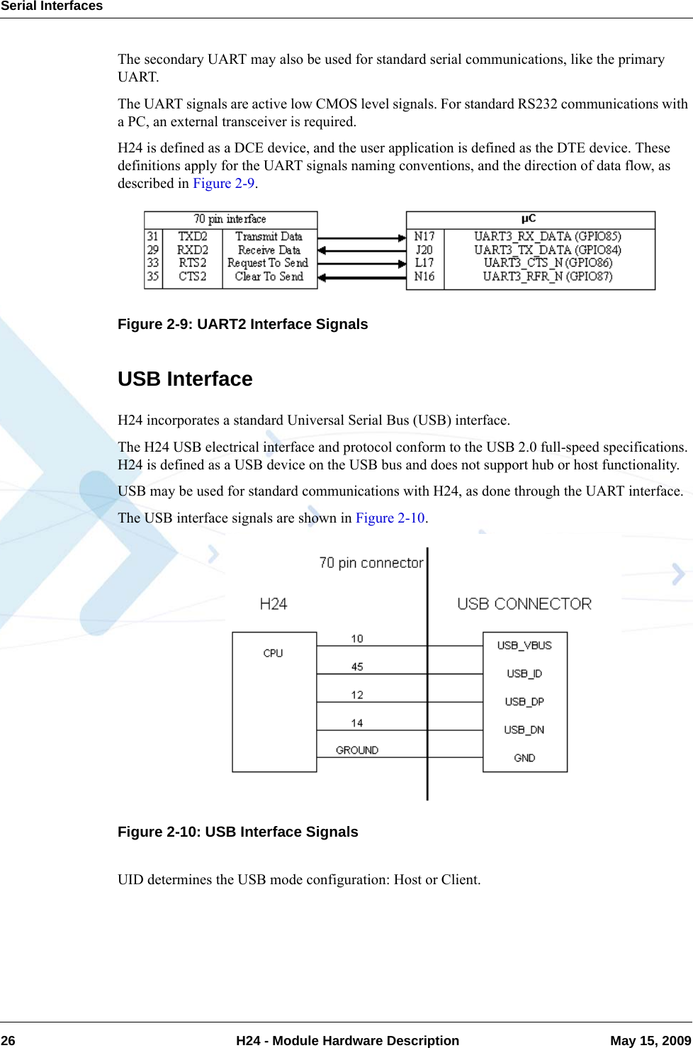 Serial Interfaces26  H24 - Module Hardware Description May 15, 2009The secondary UART may also be used for standard serial communications, like the primary UART.The UART signals are active low CMOS level signals. For standard RS232 communications with a PC, an external transceiver is required.H24 is defined as a DCE device, and the user application is defined as the DTE device. These definitions apply for the UART signals naming conventions, and the direction of data flow, as described in Figure 2-9.Figure 2-9: UART2 Interface SignalsUSB InterfaceH24 incorporates a standard Universal Serial Bus (USB) interface.The H24 USB electrical interface and protocol conform to the USB 2.0 full-speed specifications. H24 is defined as a USB device on the USB bus and does not support hub or host functionality.USB may be used for standard communications with H24, as done through the UART interface.The USB interface signals are shown in Figure 2-10.Figure 2-10: USB Interface SignalsUID determines the USB mode configuration: Host or Client.