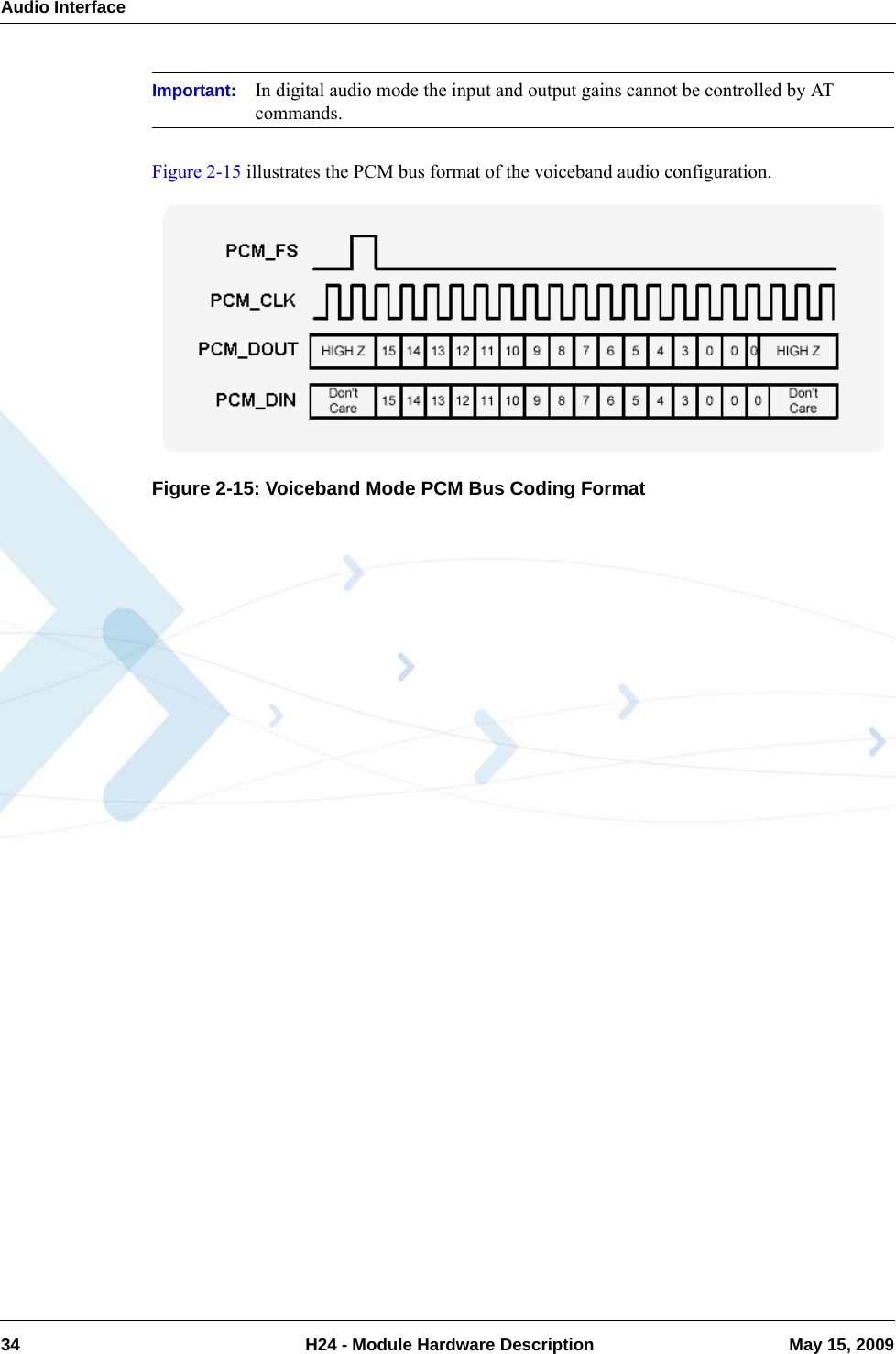 Audio Interface34  H24 - Module Hardware Description May 15, 2009Important: In digital audio mode the input and output gains cannot be controlled by AT commands.Figure 2-15 illustrates the PCM bus format of the voiceband audio configuration.Figure 2-15: Voiceband Mode PCM Bus Coding Format