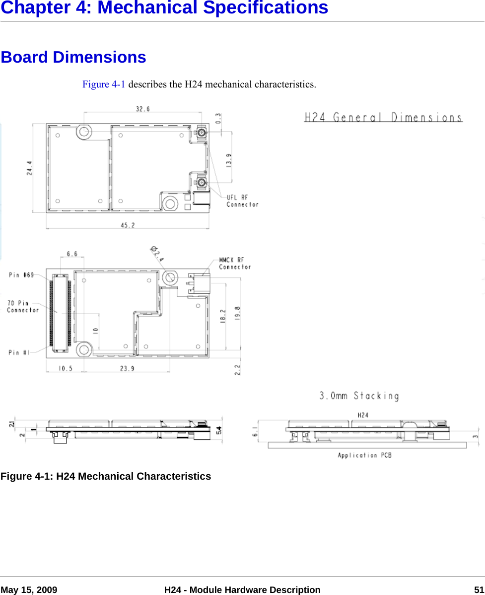 May 15, 2009 H24 - Module Hardware Description 51Chapter 4: Mechanical SpecificationsBoard DimensionsFigure 4-1 describes the H24 mechanical characteristics.Figure 4-1: H24 Mechanical Characteristics