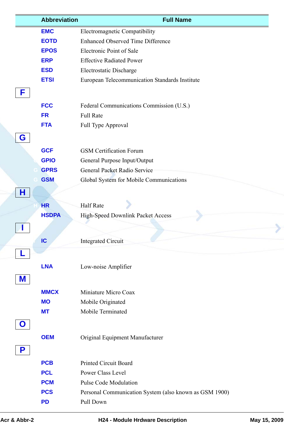 Acr &amp; Abbr-2  H24 - Module Hrdware Description May 15, 2009EEMC Electromagnetic CompatibilityEEOTD Enhanced Observed Time DifferenceEEPOS Electronic Point of SaleEERP Effective Radiated PowerEESD Electrostatic DischargeEETSI European Telecommunication Standards InstituteFFCC Federal Communications Commission (U.S.)FFR Full RateFFTA Full Type ApprovalGGCF GSM Certification ForumGGPIO General Purpose Input/OutputGGPRS General Packet Radio ServiceGGSM Global System for Mobile CommunicationsHHR Half RateHHSDPA High-Speed Downlink Packet AccessIIC Integrated CircuitLLNA Low-noise AmplifierMMMCX Miniature Micro CoaxMMO Mobile OriginatedMMT Mobile TerminatedOOEM Original Equipment ManufacturerPPCB Printed Circuit BoardPPCL Power Class LevelPPCM Pulse Code ModulationPPCS Personal Communication System (also known as GSM 1900)PPD Pull DownAbbreviation Full NameFGHILMOP