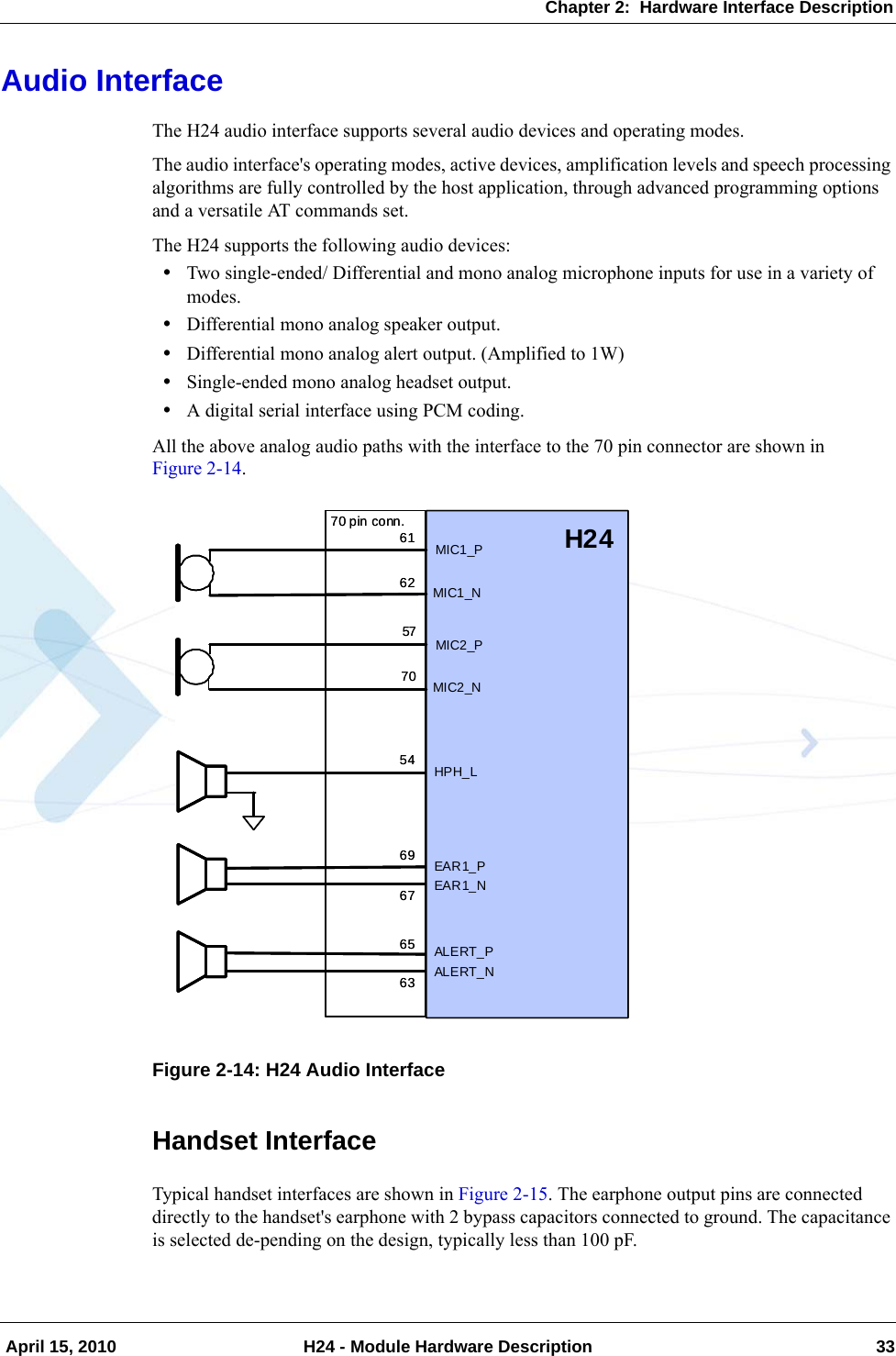 Chapter 2:  Hardware Interface Description April 15, 2010 H24 - Module Hardware Description 33Audio InterfaceThe H24 audio interface supports several audio devices and operating modes.The audio interface&apos;s operating modes, active devices, amplification levels and speech processing algorithms are fully controlled by the host application, through advanced programming options and a versatile AT commands set.The H24 supports the following audio devices:•Two single-ended/ Differential and mono analog microphone inputs for use in a variety of modes.•Differential mono analog speaker output.•Differential mono analog alert output. (Amplified to 1W)•Single-ended mono analog headset output.•A digital serial interface using PCM coding.All the above analog audio paths with the interface to the 70 pin connector are shown in Figure 2-14.Figure 2-14: H24 Audio InterfaceHandset InterfaceTypical handset interfaces are shown in Figure 2-15. The earphone output pins are connected directly to the handset&apos;s earphone with 2 bypass capacitors connected to ground. The capacitance is selected de-pending on the design, typically less than 100 pF.MIC2_PMIC2_NHPH_L577054H246162MIC1_PMIC1_NEAR1_PEAR1_NALERT_PALERT_N6967656370 pin conn.MIC2_PMIC2_NHPH_L577054H246162MIC1_PMIC1_NEAR1_PEAR1_NALERT_PALERT_N6967656370 pin conn.