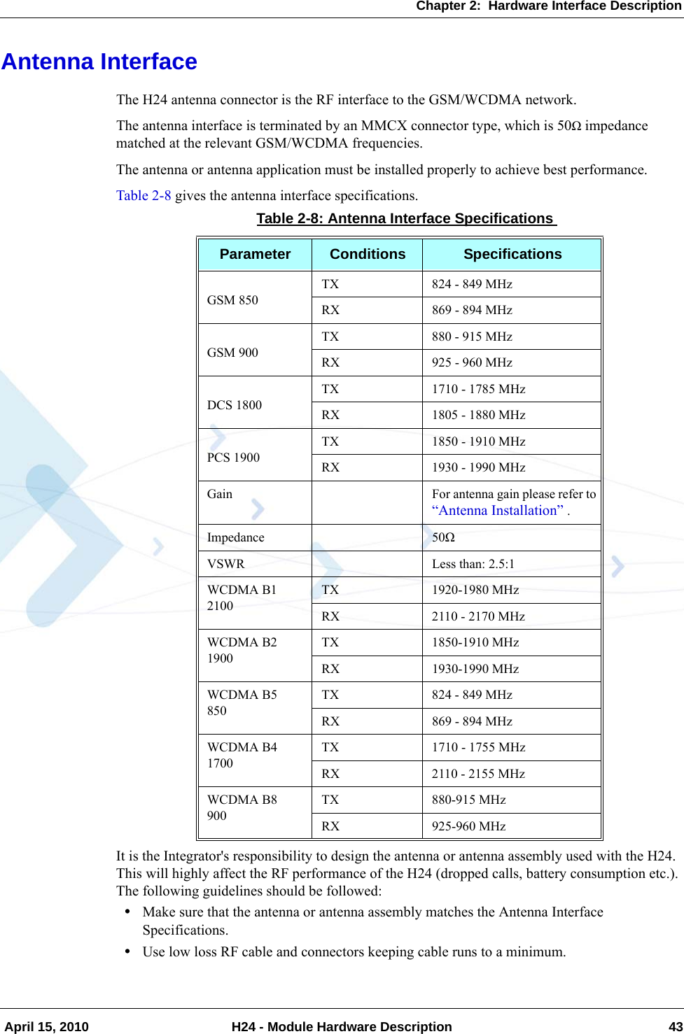 Chapter 2:  Hardware Interface Description April 15, 2010 H24 - Module Hardware Description 43Antenna InterfaceThe H24 antenna connector is the RF interface to the GSM/WCDMA network.The antenna interface is terminated by an MMCX connector type, which is 50Ω impedance matched at the relevant GSM/WCDMA frequencies.The antenna or antenna application must be installed properly to achieve best performance.Table 2-8 gives the antenna interface specifications.It is the Integrator&apos;s responsibility to design the antenna or antenna assembly used with the H24. This will highly affect the RF performance of the H24 (dropped calls, battery consumption etc.). The following guidelines should be followed:•Make sure that the antenna or antenna assembly matches the Antenna Interface Specifications.•Use low loss RF cable and connectors keeping cable runs to a minimum.Table 2-8: Antenna Interface SpecificationsParameter Conditions SpecificationsGSM 850TX 824 - 849 MHzRX 869 - 894 MHzGSM 900TX 880 - 915 MHzRX 925 - 960 MHzDCS 1800TX 1710 - 1785 MHzRX 1805 - 1880 MHzPCS 1900TX 1850 - 1910 MHzRX 1930 - 1990 MHzGain For antenna gain please refer to “Antenna Installation” .Impedance 50ΩVSWR Less than: 2.5:1WCDMA B1   2100TX 1920-1980 MHzRX 2110 - 2170 MHzWCDMA B2   1900TX 1850-1910 MHzRX 1930-1990 MHzWCDMA B5850TX 824 - 849 MHzRX 869 - 894 MHzWCDMA B41700TX 1710 - 1755 MHzRX 2110 - 2155 MHzWCDMA B8900TX 880-915 MHzRX 925-960 MHz