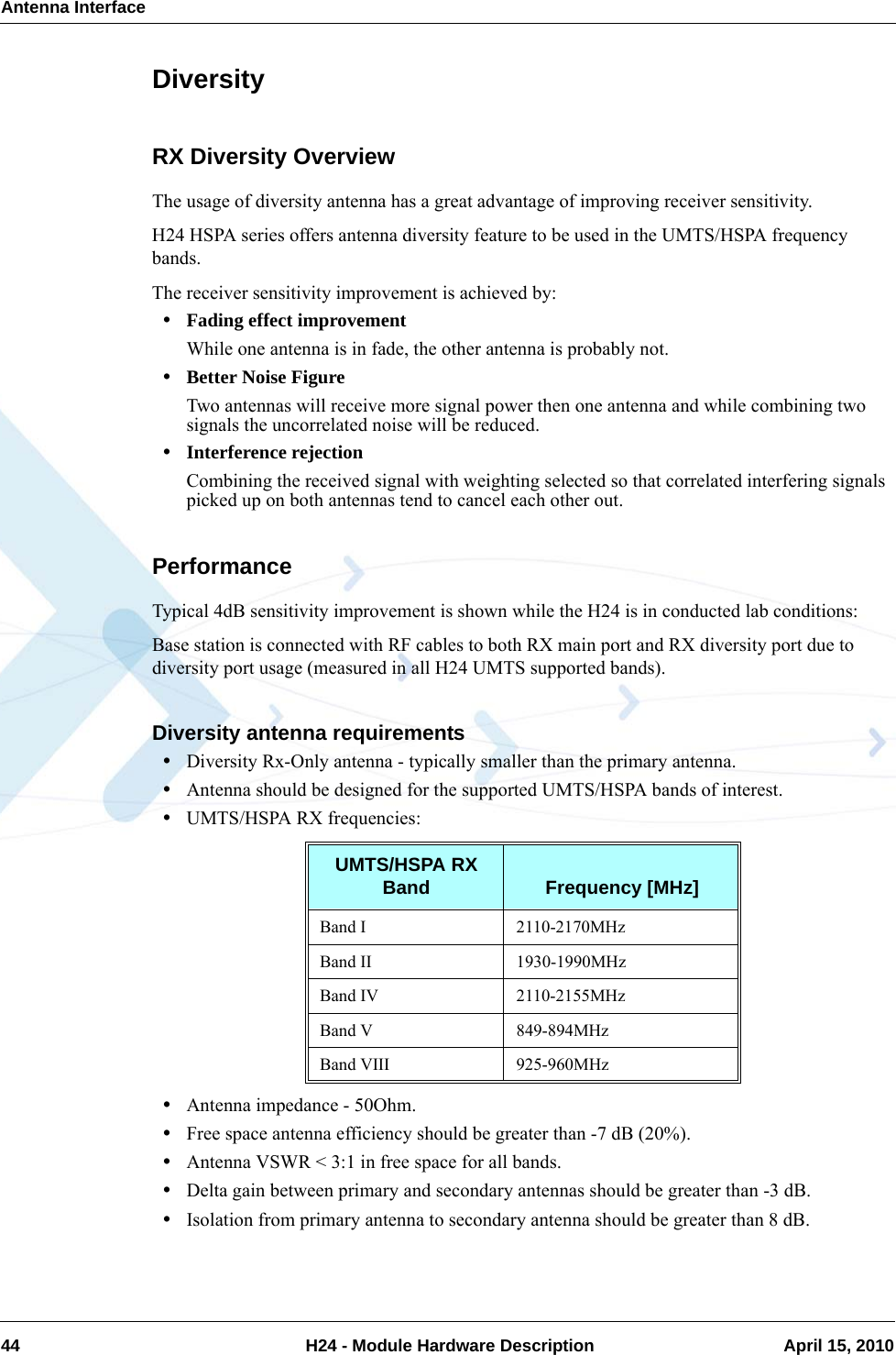 Antenna Interface44  H24 - Module Hardware Description April 15, 2010DiversityRX Diversity OverviewThe usage of diversity antenna has a great advantage of improving receiver sensitivity.H24 HSPA series offers antenna diversity feature to be used in the UMTS/HSPA frequency bands.The receiver sensitivity improvement is achieved by:•Fading effect improvementWhile one antenna is in fade, the other antenna is probably not.•Better Noise FigureTwo antennas will receive more signal power then one antenna and while combining two signals the uncorrelated noise will be reduced.•Interference rejectionCombining the received signal with weighting selected so that correlated interfering signals picked up on both antennas tend to cancel each other out.PerformanceTypical 4dB sensitivity improvement is shown while the H24 is in conducted lab conditions:Base station is connected with RF cables to both RX main port and RX diversity port due to diversity port usage (measured in all H24 UMTS supported bands).Diversity antenna requirements•Diversity Rx-Only antenna - typically smaller than the primary antenna.•Antenna should be designed for the supported UMTS/HSPA bands of interest.•UMTS/HSPA RX frequencies:•Antenna impedance - 50Ohm.•Free space antenna efficiency should be greater than -7 dB (20%).•Antenna VSWR &lt; 3:1 in free space for all bands.•Delta gain between primary and secondary antennas should be greater than -3 dB.•Isolation from primary antenna to secondary antenna should be greater than 8 dB.UMTS/HSPA RX Band Frequency [MHz]Band I 2110-2170MHzBand II 1930-1990MHzBand IV 2110-2155MHzBand V 849-894MHzBand VIII 925-960MHz