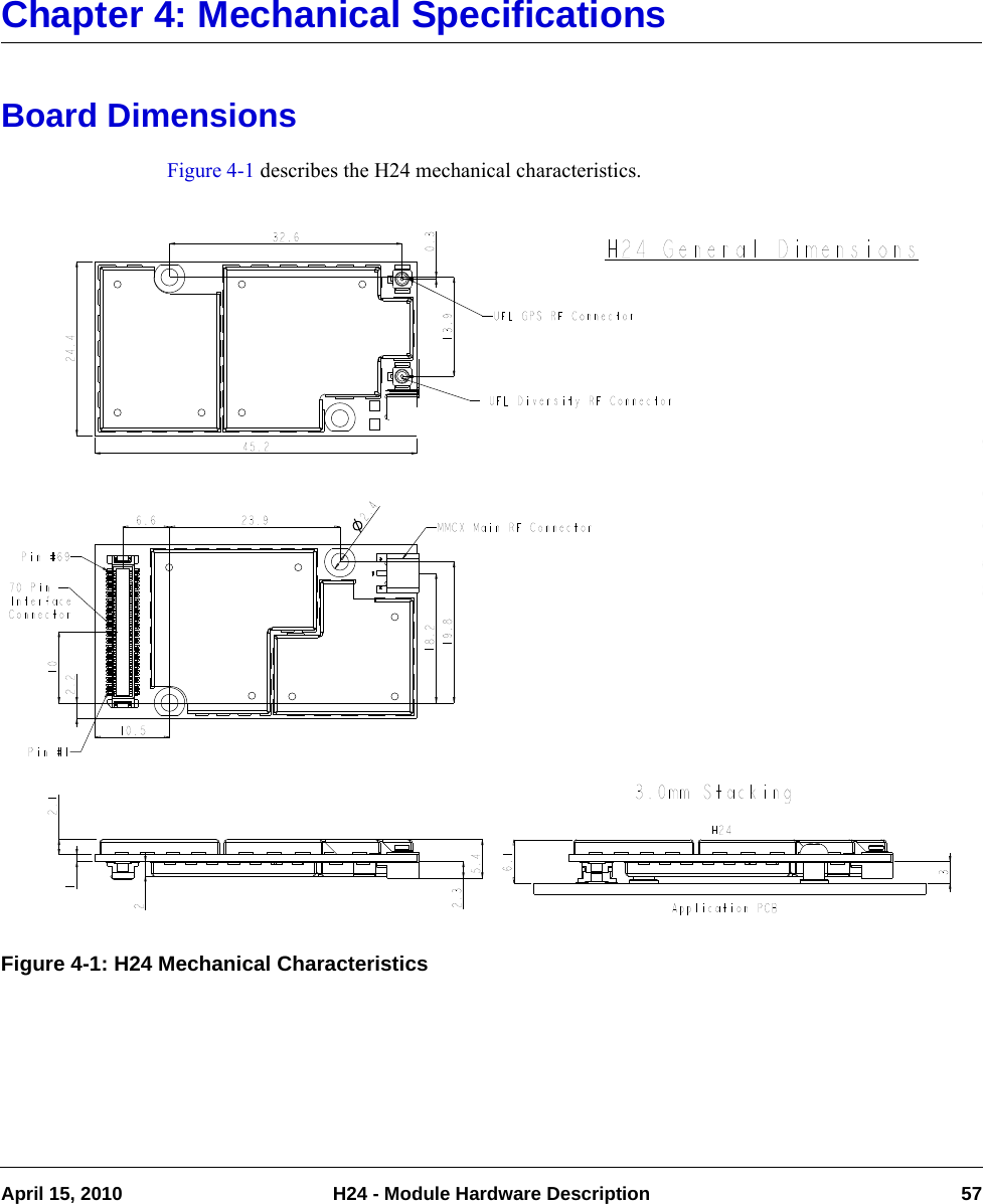 April 15, 2010 H24 - Module Hardware Description 57Chapter 4: Mechanical SpecificationsBoard DimensionsFigure 4-1 describes the H24 mechanical characteristics.Figure 4-1: H24 Mechanical Characteristics12.12.345.224.436.15.426.6 23.91019.818.22.210.532.60.313.92.4Application PCBH243.0mm StackingH24 General DimensionsUFL Diversity RF ConnectorPin #1Pin #6970 Pin InterfaceConnectorMMCX Main RF ConnectorUFL GPS RF Connector