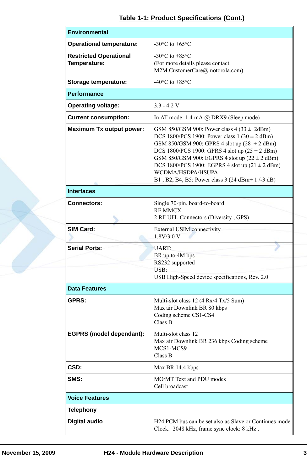   November 15, 2009 H24 - Module Hardware Description 3EnvironmentalOperational temperature: -30°C to +65°CRestricted Operational Temperature: -30°C to +85°C(For more details please contactM2M.CustomerCare@motorola.com)Storage temperature: -40°C to +85°CPerformanceOperating voltage: 3.3 - 4.2 VCurrent consumption: In AT mode: 1.4 mA @ DRX9 (Sleep mode)Maximum Tx output power: GSM 850/GSM 900: Power class 4 (33 ±  2dBm)DCS 1800/PCS 1900: Power class 1 (30 ± 2 dBm)GSM 850/GSM 900: GPRS 4 slot up (28  ± 2 dBm)DCS 1800/PCS 1900: GPRS 4 slot up (25 ± 2 dBm)GSM 850/GSM 900: EGPRS 4 slot up (22 ± 2 dBm)DCS 1800/PCS 1900: EGPRS 4 slot up (21 ± 2 dBm)WCDMA/HSDPA/HSUPAB1 , B2, B4, B5: Power class 3 (24 dBm+ 1 /-3 dB)InterfacesConnectors: Single 70-pin, board-to-boardRF MMCX2 RF UFL Connectors (Diversity , GPS)SIM Card: External USIM connectivity1.8V/3.0 VSerial Ports: UART:BR up to 4M bpsRS232 supportedUSB:USB High-Speed device specifications, Rev. 2.0Data FeaturesGPRS: Multi-slot class 12 (4 Rx/4 Tx/5 Sum)Max air Downlink BR 80 kbpsCoding scheme CS1-CS4 Class BEGPRS (model dependant): Multi-slot class 12Max air Downlink BR 236 kbps Coding scheme MCS1-MCS9Class BCSD: Max BR 14.4 kbpsSMS: MO/MT Text and PDU modesCell broadcastVoice FeaturesTelephonyDigital audio H24 PCM bus can be set also as Slave or Continues mode.Clock:  2048 kHz, frame sync clock: 8 kHz .Table 1-1: Product Specifications (Cont.)