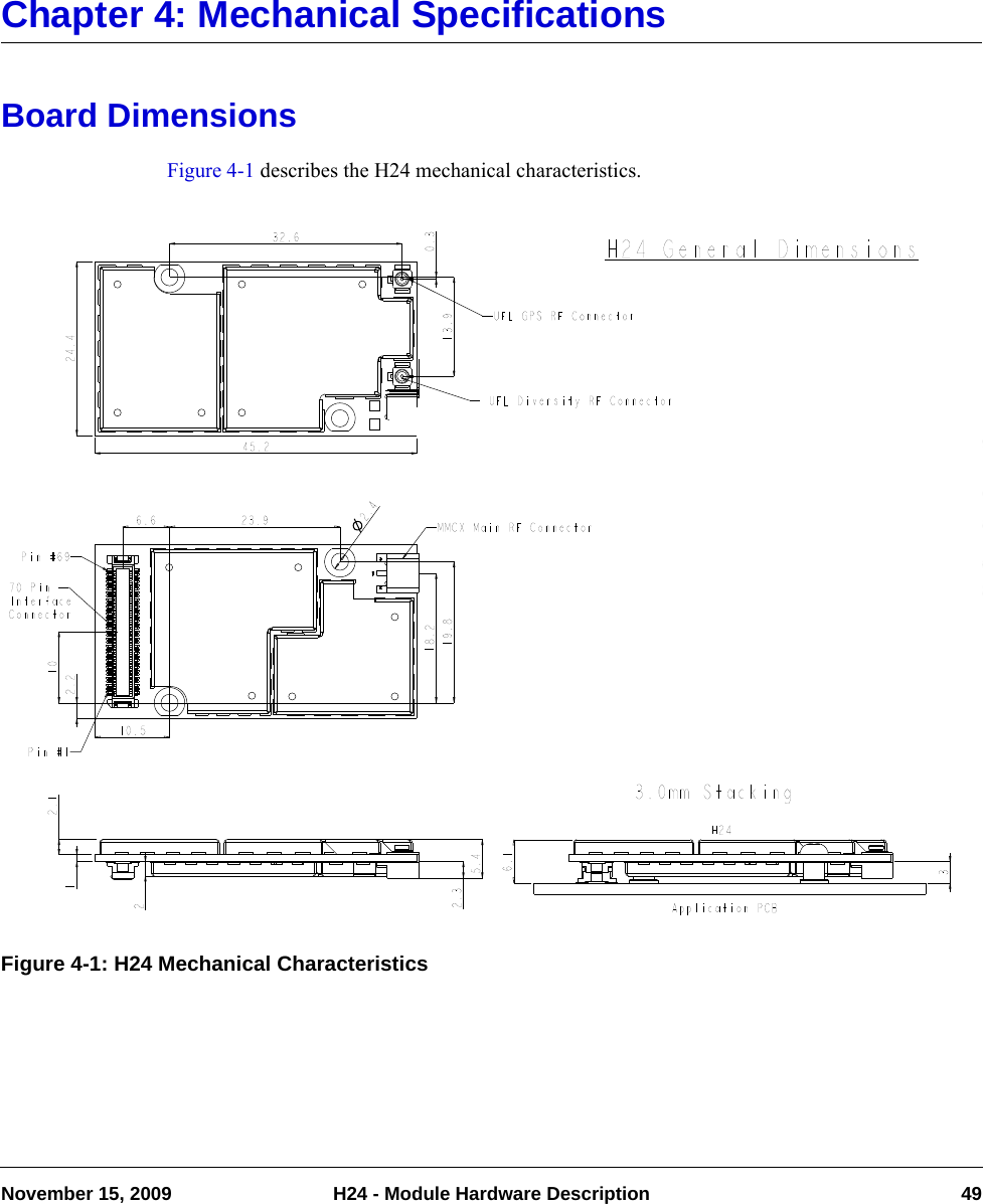 November 15, 2009 H24 - Module Hardware Description 49Chapter 4: Mechanical SpecificationsBoard DimensionsFigure 4-1 describes the H24 mechanical characteristics.Figure 4-1: H24 Mechanical Characteristics12.12.345.224.436.15.426.6 23.91019.818.22.210.532.60.313.92.4Application PCBH243.0mm StackingH24 General DimensionsUFL Diversity RF ConnectorPin #1Pin #6970 Pin InterfaceConnectorMMCX Main RF ConnectorUFL GPS RF Connector