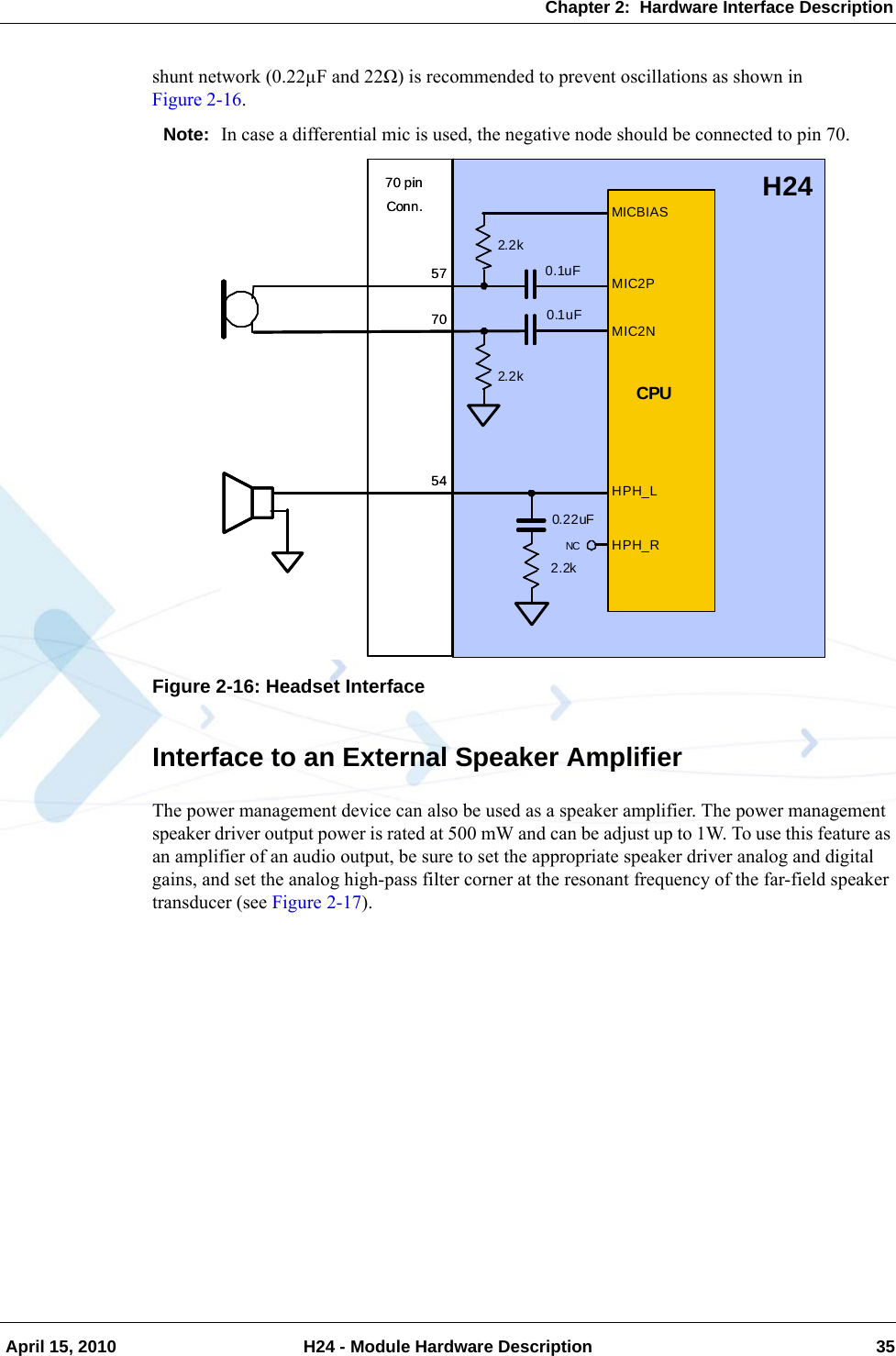 Chapter 2:  Hardware Interface Description April 15, 2010 H24 - Module Hardware Description 35shunt network (0.22µF and 22Ω) is recommended to prevent oscillations as shown in Figure 2-16.Note: In case a differential mic is used, the negative node should be connected to pin 70.Figure 2-16: Headset InterfaceInterface to an External Speaker AmplifierThe power management device can also be used as a speaker amplifier. The power management speaker driver output power is rated at 500 mW and can be adjust up to 1W. To use this feature as an amplifier of an audio output, be sure to set the appropriate speaker driver analog and digital gains, and set the analog high-pass filter corner at the resonant frequency of the far-field speaker transducer (see Figure 2-17).CPUMICBIASMIC2PMIC2N0.1uF0.1uF2.2k2.2kHPH_L0.22uF2.2kHPH_RNC577054H2470 pinConn.CPUMICBIASMIC2PMIC2N0.1uF0.1uF2.2k2.2kHPH_L0.22uF2.2kHPH_RNC577054H2470 pinConn.