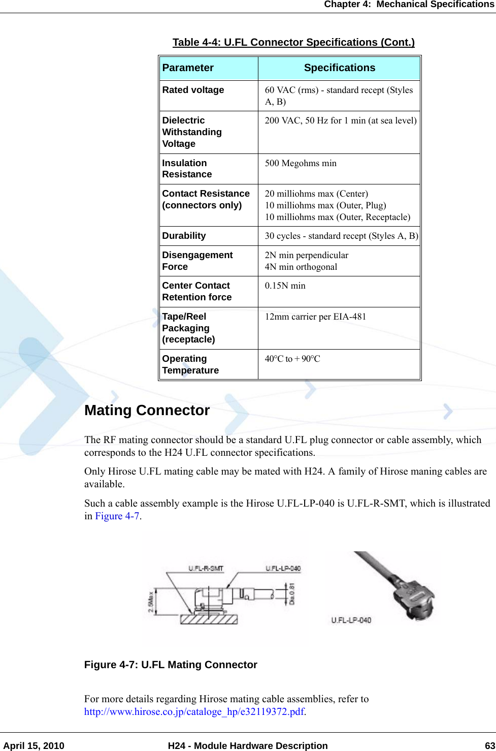 Chapter 4:  Mechanical Specifications April 15, 2010 H24 - Module Hardware Description 63Mating ConnectorThe RF mating connector should be a standard U.FL plug connector or cable assembly, which corresponds to the H24 U.FL connector specifications.Only Hirose U.FL mating cable may be mated with H24. A family of Hirose maning cables are available.Such a cable assembly example is the Hirose U.FL-LP-040 is U.FL-R-SMT, which is illustrated in Figure 4-7.Figure 4-7: U.FL Mating ConnectorFor more details regarding Hirose mating cable assemblies, refer to http://www.hirose.co.jp/cataloge_hp/e32119372.pdf.Rated voltage 60 VAC (rms) - standard recept (Styles A, B)Dielectric Withstanding Voltage200 VAC, 50 Hz for 1 min (at sea level)Insulation Resistance 500 Megohms minContact Resistance (connectors only) 20 milliohms max (Center)10 milliohms max (Outer, Plug)10 milliohms max (Outer, Receptacle)Durability 30 cycles - standard recept (Styles A, B)Disengagement Force 2N min perpendicular4N min orthogonalCenter Contact Retention force 0.15N minTape/Reel Packaging (receptacle)12mm carrier per EIA-481Operating Temperature 40°C to + 90°CTable 4-4: U.FL Connector Specifications (Cont.)Parameter Specifications