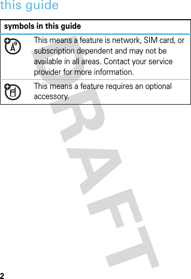 2this guidesymbols in this guideThis means a feature is network, SIM card, or subscription dependent and may not be available in all areas. Contact your service provider for more information.This means a feature requires an optional accessory.