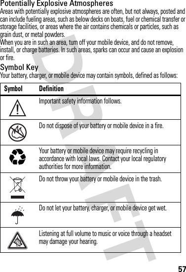 57Potentially Explosive AtmospheresAreas with potentially explosive atmospheres are often, but not always, posted and can include fueling areas, such as below decks on boats, fuel or chemical transfer or storage facilities, or areas where the air contains chemicals or particles, such as grain dust, or metal powders.When you are in such an area, turn off your mobile device, and do not remove, install, or charge batteries. In such areas, sparks can occur and cause an explosion or fire.Symbol KeyYour battery, charger, or mobile device may contain symbols, defined as follows:Symbol DefinitionImportant safety information follows.Do not dispose of your battery or mobile device in a fire.Your battery or mobile device may require recycling in accordance with local laws. Contact your local regulatory authorities for more information.Do not throw your battery or mobile device in the trash.Do not let your battery, charger, or mobile device get wet.Listening at full volume to music or voice through a headset may damage your hearing.032374o032376o032375o