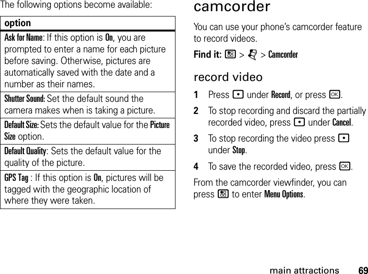 69main attractionsThe following options become available:optionAsk for Name: If this option is On, you are prompted to enter a name for each picture before saving. Otherwise, pictures are automatically saved with the date and a number as their names.Shutter Sound: Set the default sound the camera makes when is taking a picture.Default Size: Sets the default value for the Picture Size option. Default Quality: Sets the default value for the quality of the picture. GPS Tag : If this option is On, pictures will be tagged with the geographic location of where they were taken. camcorderYou can use your phone’s camcorder feature to record videos.Find it: / &gt; j &gt; Camcorderrecord video1Press : under Record, or press r.2To stop recording and discard the partially recorded video, press : under Cancel.3To stop recording the video press : under Stop.4To save the recorded video, press r.From the camcorder viewfinder, you can press / to enter Menu Options.