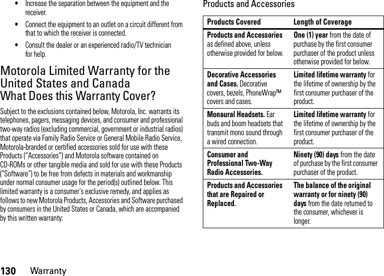 130Warranty•Increase the separation between the equipment and the receiver.•Connect the equipment to an outlet on a circuit different from that to which the receiver is connected.•Consult the dealer or an experienced radio/TV technician for help.Motorola Limited Warranty for the United States and CanadaWa rr a n t yWhat Does this Warranty Cover?Subject to the exclusions contained below, Motorola, Inc. warrants its telephones, pagers, messaging devices, and consumer and professional two-way radios (excluding commercial, government or industrial radios) that operate via Family Radio Service or General Mobile Radio Service, Motorola-branded or certified accessories sold for use with these Products (“Accessories”) and Motorola software contained on CD-ROMs or other tangible media and sold for use with these Products (“Software”) to be free from defects in materials and workmanship under normal consumer usage for the period(s) outlined below. This limited warranty is a consumer&apos;s exclusive remedy, and applies as follows to new Motorola Products, Accessories and Software purchased by consumers in the United States or Canada, which are accompanied by this written warranty:Products and AccessoriesProducts Covered Length of CoverageProducts and Accessories as defined above, unless otherwise provided for below.One (1) year from the date of purchase by the first consumer purchaser of the product unless otherwise provided for below.Decorative Accessories and Cases. Decorative covers, bezels, PhoneWrap™ covers and cases.Limited lifetime warranty for the lifetime of ownership by the first consumer purchaser of the product.Monaural Headsets. Ear buds and boom headsets that transmit mono sound through a wired connection.Limited lifetime warranty for the lifetime of ownership by the first consumer purchaser of the product.Consumer and Professional Two-Way Radio Accessories.Ninety (90) days from the date of purchase by the first consumer purchaser of the product.Products and Accessories that are Repaired or Replaced.The balance of the original warranty or for ninety (90) days from the date returned to the consumer, whichever is longer.