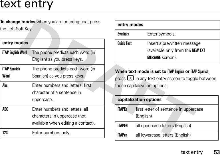 53text entrytext entryTo  c h a n ge  mo d e s when you are entering text, press the Left Soft Key:When text mode is set to iTAP English or iTAP Spanish, press * in any text entry screen to toggle between these capitalization options:entry modesiTAP English WordThe phone predicts each word (in English) as you press keys.iTAP Spanish WordThe phone predicts each word (in Spanish) as you press keys.AbcEnter numbers and letters, first character of a sentence in uppercase.ABCEnter numbers and letters, all characters in uppercase (not available when editing a contact).123Enter numbers only.SymbolsEnter symbols.Quick TextInsert a prewritten message (available only from the NEW TXT MESSAGE screen).capitalization optionsiTAPEnfirst letter of sentence in uppercase (English)iTAPENall uppercase letters (English)iTAPenall lowercase letters (English)entry modes