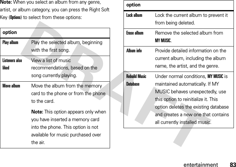 83entertainmentNote: When you select an album from any genre, artist, or album category, you can press the Right Soft Key (Options) to select from these options:optionPlay albumPlay the selected album, beginning with the first song.Listeners also likedView a list of music recommendations, based on the song currently playing.Move albumMove the album from the memory card to the phone or from the phone to the card.Note: This option appears only when you have inserted a memory card into the phone. This option is not available for music purchased over the air.Lock albumLock the current album to prevent it from being deleted.Erase albumRemove the selected album from MY MUSIC.Album infoProvide detailed information on the current album, including the album name, the artist, and the genre.Rebuild Music DatabaseUnder normal conditions, MY MUSIC is maintained automatically. If MY MUSIC behaves unexpectedly, use this option to reinitialize it. This option deletes the existing database and creates a new one that contains all currently installed music.option