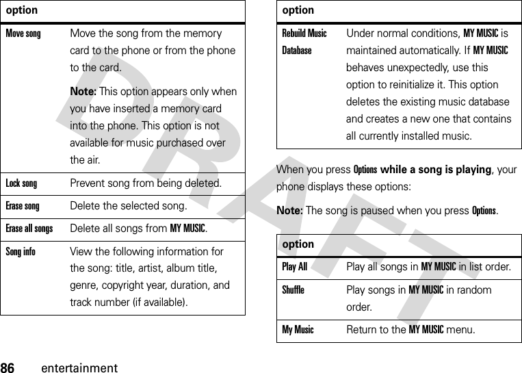 86entertainmentWhen you press Options while a song is playing, your phone displays these options:Note: The song is paused when you press Options.Move songMove the song from the memory card to the phone or from the phone to the card.Note: This option appears only when you have inserted a memory card into the phone. This option is not available for music purchased over the air.Lock songPrevent song from being deleted.Erase songDelete the selected song.Erase all songsDelete all songs from MY MUSIC.Song infoView the following information for the song: title, artist, album title, genre, copyright year, duration, and track number (if available).optionRebuild Music DatabaseUnder normal conditions, MY MUSIC is maintained automatically. If MY MUSIC behaves unexpectedly, use this option to reinitialize it. This option deletes the existing music database and creates a new one that contains all currently installed music.optionPlay AllPlay all songs in MY MUSIC in list order.ShufflePlay songs in MY MUSIC in random order.My MusicReturn to the MY MUSIC menu.option