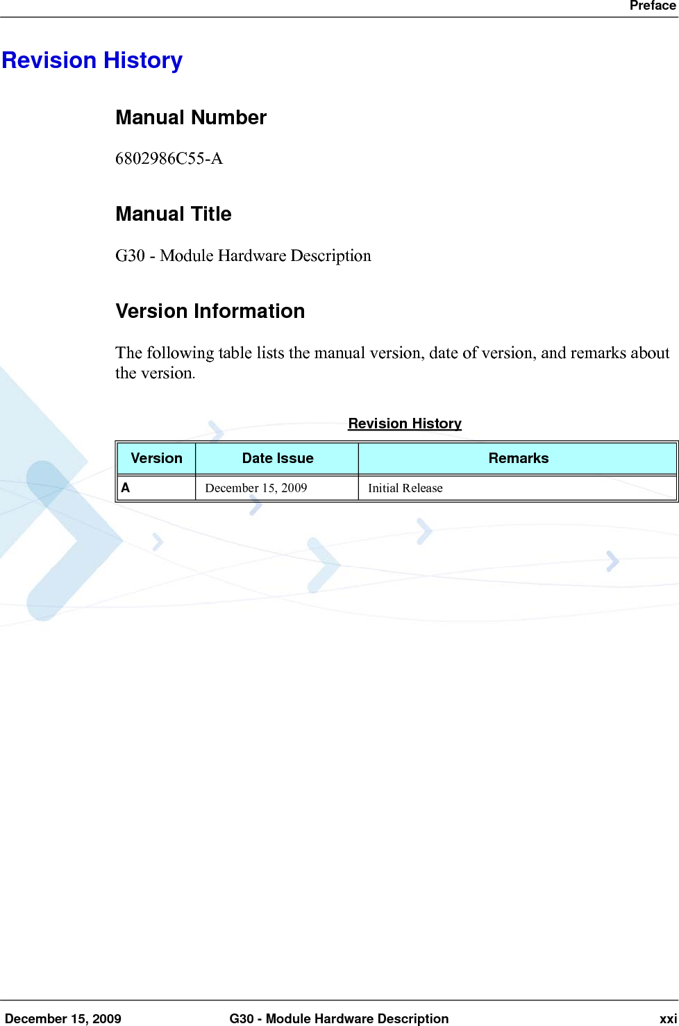  Preface December 15, 2009 G30 - Module Hardware Description xxiRevision HistoryManual Number6802986C55-AManual TitleG30 - Module Hardware Description Version InformationThe following table lists the manual version, date of version, and remarks about the version.Revision HistoryVersion Date Issue RemarksADecember 15, 2009 Initial Release