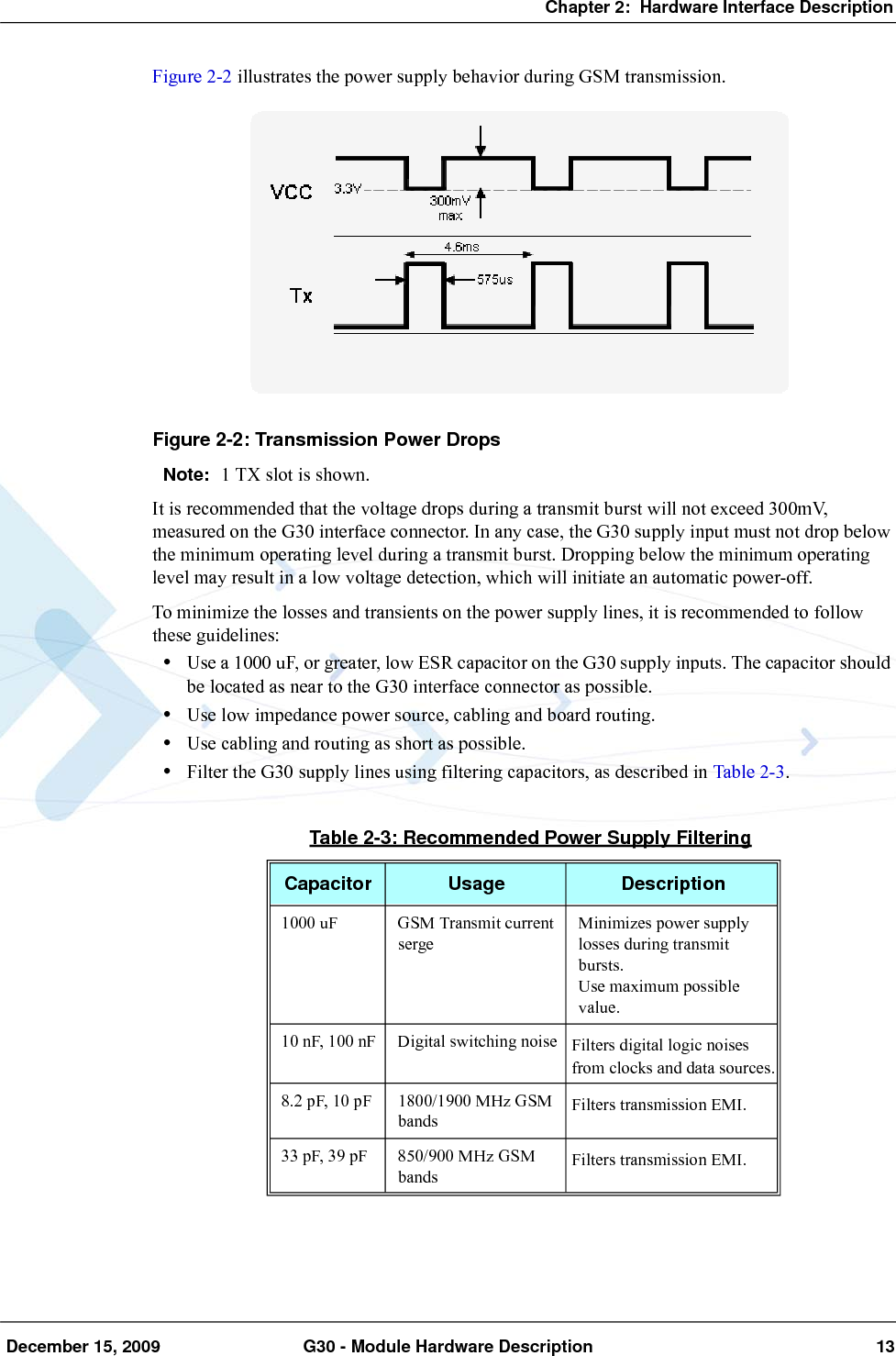 Chapter 2:  Hardware Interface Description December 15, 2009 G30 - Module Hardware Description 13Figure 2-2 illustrates the power supply behavior during GSM transmission.Figure 2-2: Transmission Power DropsNote: 1 TX slot is shown.It is recommended that the voltage drops during a transmit burst will not exceed 300mV, measured on the G30 interface connector. In any case, the G30 supply input must not drop below the minimum operating level during a transmit burst. Dropping below the minimum operating level may result in a low voltage detection, which will initiate an automatic power-off.To minimize the losses and transients on the power supply lines, it is recommended to follow these guidelines:•Use a 1000 uF, or greater, low ESR capacitor on the G30 supply inputs. The capacitor should be located as near to the G30 interface connector as possible.•Use low impedance power source, cabling and board routing.•Use cabling and routing as short as possible.•Filter the G30 supply lines using filtering capacitors, as described in Table 2-3.Table 2-3: Recommended Power Supply FilteringCapacitor Usage Description1000 uF GSM Transmit current sergeMinimizes power supply losses during transmit bursts.Use maximum possible value.10 nF, 100 nF Digital switching noise Filters digital logic noises from clocks and data sources.8.2 pF, 10 pF 1800/1900 MHz GSM bandsFilters transmission EMI.33 pF, 39 pF 850/900 MHz GSM bandsFilters transmission EMI.