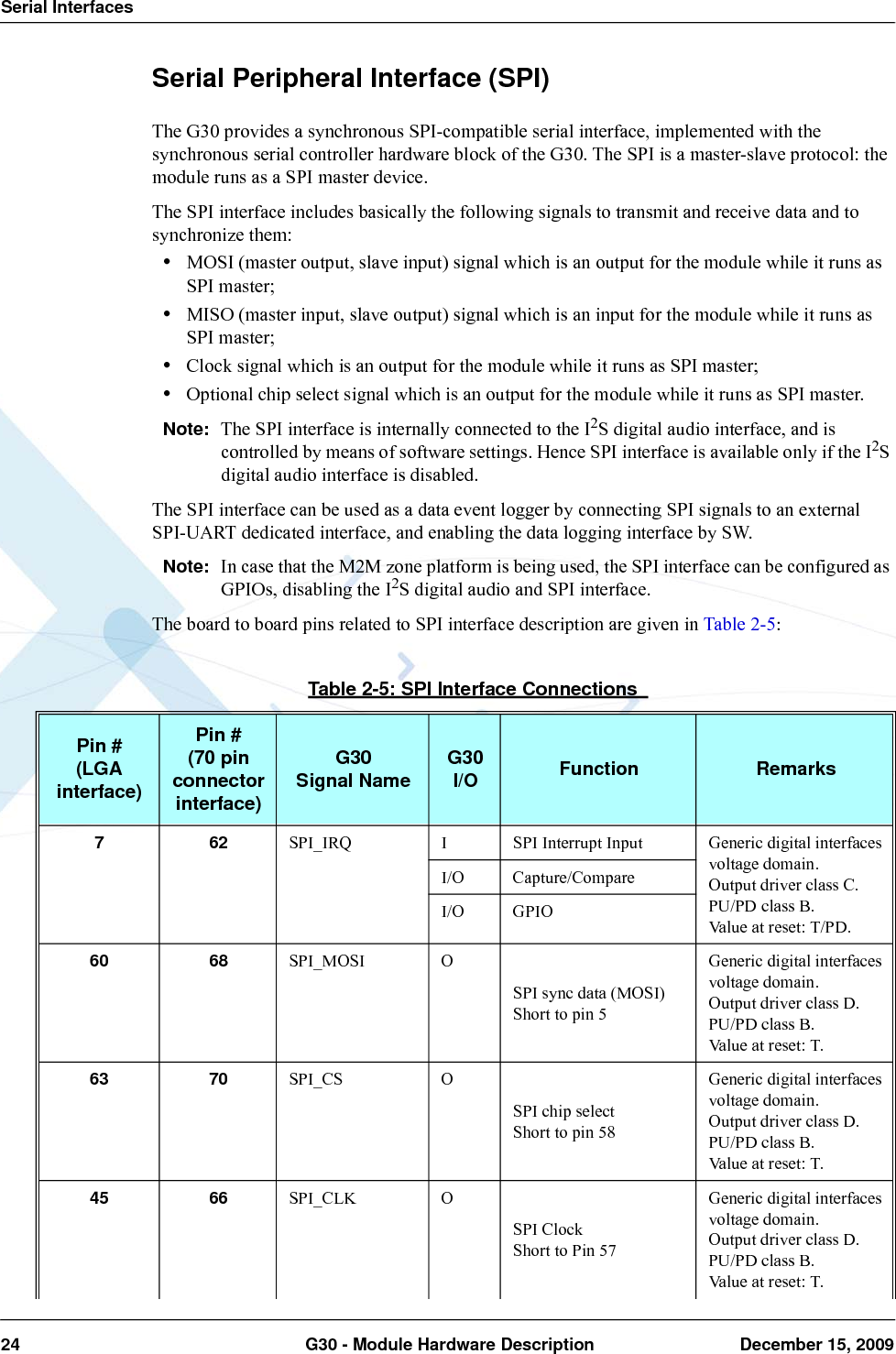 Serial Interfaces24  G30 - Module Hardware Description December 15, 2009Serial Peripheral Interface (SPI)The G30 provides a synchronous SPI-compatible serial interface, implemented with the synchronous serial controller hardware block of the G30. The SPI is a master-slave protocol: the module runs as a SPI master device.The SPI interface includes basically the following signals to transmit and receive data and to synchronize them:•MOSI (master output, slave input) signal which is an output for the module while it runs as SPI master;•MISO (master input, slave output) signal which is an input for the module while it runs as SPI master;•Clock signal which is an output for the module while it runs as SPI master;•Optional chip select signal which is an output for the module while it runs as SPI master.Note: The SPI interface is internally connected to the I2S digital audio interface, and is controlled by means of software settings. Hence SPI interface is available only if the I2S digital audio interface is disabled.The SPI interface can be used as a data event logger by connecting SPI signals to an external SPI-UART dedicated interface, and enabling the data logging interface by SW.Note: In case that the M2M zone platform is being used, the SPI interface can be configured as GPIOs, disabling the I2S digital audio and SPI interface.The board to board pins related to SPI interface description are given in Table 2-5:Table 2-5: SPI Interface Connections Pin #(LGA interface)Pin #(70 pin connector interface)G30Signal Name G30I/O Function Remarks762SPI_IRQ I SPI Interrupt Input Generic digital interfaces voltage domain.Output driver class C.PU/PD class B.Value at reset: T/PD.I/O Capture/CompareI/O GPIO60 68 SPI_MOSI OSPI sync data (MOSI)Short to pin 5Generic digital interfaces voltage domain.Output driver class D.PU/PD class B.Value at reset: T.63 70 SPI_CS OSPI chip selectShort to pin 58Generic digital interfaces voltage domain.Output driver class D.PU/PD class B.Value at reset: T.45 66 SPI_CLK OSPI ClockShort to Pin 57Generic digital interfaces voltage domain.Output driver class D.PU/PD class B.Value at reset: T.