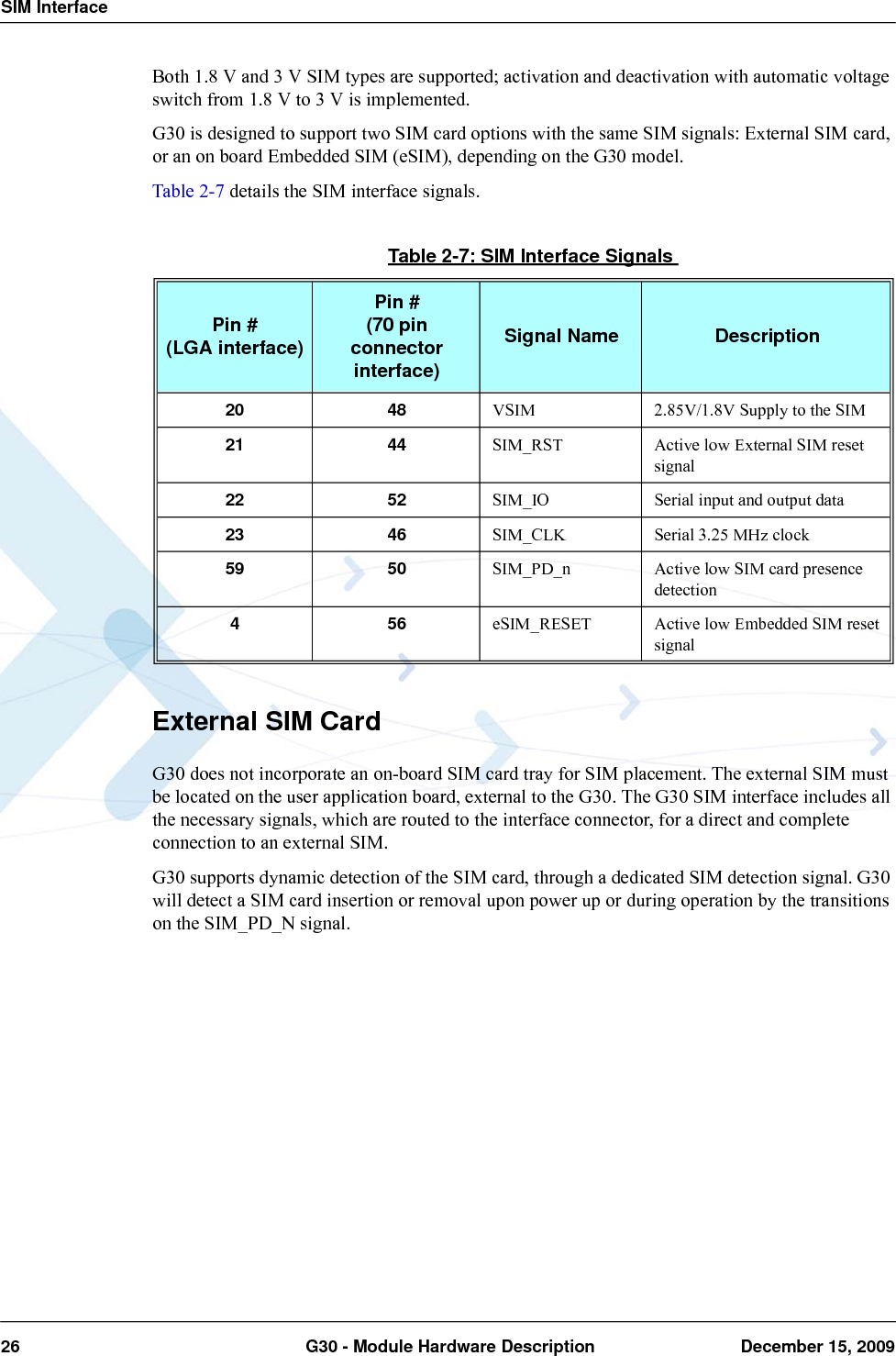 SIM Interface26  G30 - Module Hardware Description December 15, 2009Both 1.8 V and 3 V SIM types are supported; activation and deactivation with automatic voltage switch from 1.8 V to 3 V is implemented.G30 is designed to support two SIM card options with the same SIM signals: External SIM card, or an on board Embedded SIM (eSIM), depending on the G30 model.Table 2-7 details the SIM interface signals.External SIM CardG30 does not incorporate an on-board SIM card tray for SIM placement. The external SIM must be located on the user application board, external to the G30. The G30 SIM interface includes all the necessary signals, which are routed to the interface connector, for a direct and complete connection to an external SIM.G30 supports dynamic detection of the SIM card, through a dedicated SIM detection signal. G30 will detect a SIM card insertion or removal upon power up or during operation by the transitions on the SIM_PD_N signal.Table 2-7: SIM Interface SignalsPin #(LGA interface)Pin #(70 pin connector interface)Signal Name Description20 48 VSIM 2.85V/1.8V Supply to the SIM21 44 SIM_RST Active low External SIM reset signal22 52 SIM_IO Serial input and output data23 46 SIM_CLK Serial 3.25 MHz clock59 50 SIM_PD_n Active low SIM card presence detection456eSIM_RESET Active low Embedded SIM reset signal