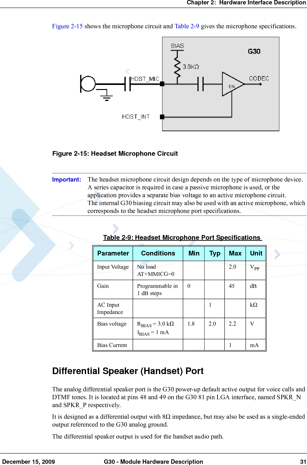 Chapter 2:  Hardware Interface Description December 15, 2009 G30 - Module Hardware Description 31Figure 2-15 shows the microphone circuit and Table 2-9 gives the microphone specifications.Figure 2-15: Headset Microphone CircuitImportant: The headset microphone circuit design depends on the type of microphone device.A series capacitor is required in case a passive microphone is used, or the application provides a separate bias voltage to an active microphone circuit.The internal G30 biasing circuit may also be used with an active microphone, which corresponds to the headset microphone port specifications.Differential Speaker (Handset) PortThe analog differential speaker port is the G30 power-up default active output for voice calls and DTMF tones. It is located at pins 48 and 49 on the G30 81 pin LGA interface, named SPKR_N and SPKR_P respectively.It is designed as a differential output with 8Ω impedance, but may also be used as a single-ended output referenced to the G30 analog ground.The differential speaker output is used for the handset audio path.Table 2-9: Headset Microphone Port SpecificationsParameter Conditions Min Typ Max UnitInput Voltage No loadAT+MMICG=02.0 VPPGain Programmable in 1 dB steps045dBAC Input Impedance1kΩBias voltage RBIAS = 3.0 kΩIBIAS = 1 mA1.8 2.0 2.2 VBias Current 1 mA