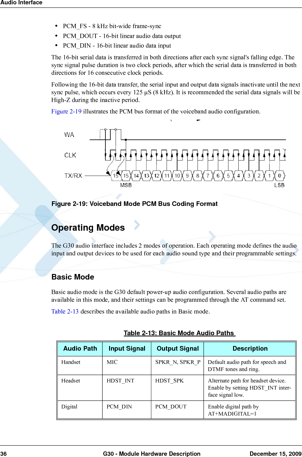 Audio Interface36  G30 - Module Hardware Description December 15, 2009•PCM_FS - 8 kHz bit-wide frame-sync•PCM_DOUT - 16-bit linear audio data output•PCM_DIN - 16-bit linear audio data inputThe 16-bit serial data is transferred in both directions after each sync signal&apos;s falling edge. The sync signal pulse duration is two clock periods, after which the serial data is transferred in both directions for 16 consecutive clock periods.Following the 16-bit data transfer, the serial input and output data signals inactivate until the next sync pulse, which occurs every 125 µS (8 kHz). It is recommended the serial data signals will be High-Z during the inactive period.Figure 2-19 illustrates the PCM bus format of the voiceband audio configuration.Figure 2-19: Voiceband Mode PCM Bus Coding FormatOperating ModesThe G30 audio interface includes 2 modes of operation. Each operating mode defines the audio input and output devices to be used for each audio sound type and their programmable settings.Basic ModeBasic audio mode is the G30 default power-up audio configuration. Several audio paths are available in this mode, and their settings can be programmed through the AT command set.Table 2-13 describes the available audio paths in Basic mode.Table 2-13: Basic Mode Audio PathsAudio Path Input Signal Output Signal DescriptionHandset MIC SPKR_N, SPKR_P Default audio path for speech and DTMF tones and ring.Headset HDST_INT HDST_SPK Alternate path for headset device.Enable by setting HDST_INT inter-face signal low.Digital PCM_DIN PCM_DOUT Enable digital path by AT+MADIGITAL=1