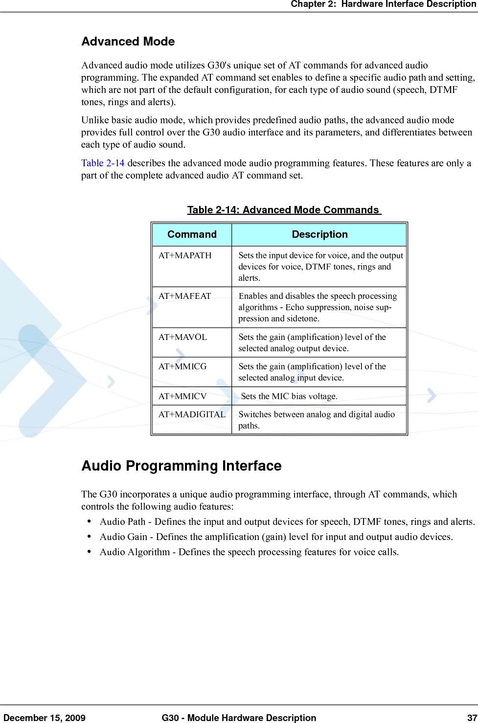 Chapter 2:  Hardware Interface Description December 15, 2009 G30 - Module Hardware Description 37Advanced ModeAdvanced audio mode utilizes G30&apos;s unique set of AT commands for advanced audio programming. The expanded AT command set enables to define a specific audio path and setting, which are not part of the default configuration, for each type of audio sound (speech, DTMF tones, rings and alerts).Unlike basic audio mode, which provides predefined audio paths, the advanced audio mode provides full control over the G30 audio interface and its parameters, and differentiates between each type of audio sound.Table 2-14 describes the advanced mode audio programming features. These features are only a part of the complete advanced audio AT command set.Audio Programming InterfaceThe G30 incorporates a unique audio programming interface, through AT commands, which controls the following audio features:•Audio Path - Defines the input and output devices for speech, DTMF tones, rings and alerts.•Audio Gain - Defines the amplification (gain) level for input and output audio devices.•Audio Algorithm - Defines the speech processing features for voice calls.Table 2-14: Advanced Mode CommandsCommand DescriptionAT+MAPATH Sets the input device for voice, and the output devices for voice, DTMF tones, rings and alerts.AT+MAFEAT Enables and disables the speech processing algorithms - Echo suppression, noise sup-pression and sidetone.AT+MAVOL Sets the gain (amplification) level of the selected analog output device.AT+MMICG Sets the gain (amplification) level of the selected analog input device.AT+MMICV  Sets the MIC bias voltage.AT+MADIGITAL Switches between analog and digital audio paths.