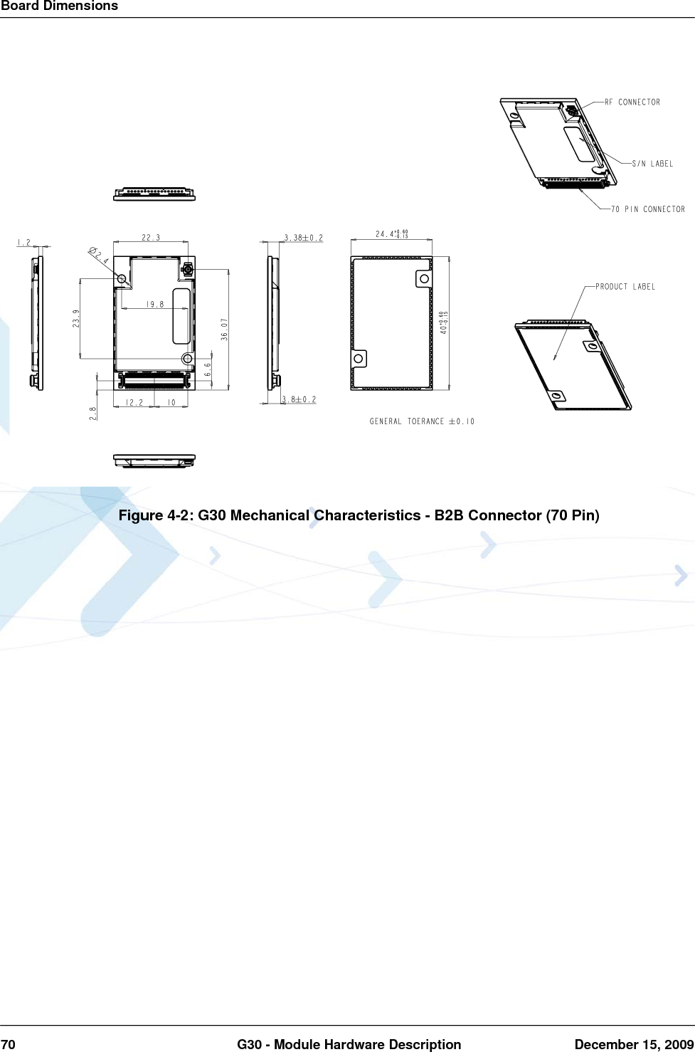 Board Dimensions70  G30 - Module Hardware Description December 15, 2009Figure 4-2: G30 Mechanical Characteristics - B2B Connector (70 Pin)