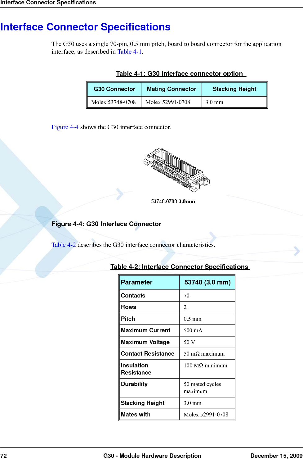 Interface Connector Specifications72  G30 - Module Hardware Description December 15, 2009Interface Connector SpecificationsThe G30 uses a single 70-pin, 0.5 mm pitch, board to board connector for the application interface, as described in Table 4-1.Figure 4-4 shows the G30 interface connector.Figure 4-4: G30 Interface ConnectorTable 4-2 describes the G30 interface connector characteristics.Table 4-1: G30 interface connector option G30 Connector Mating Connector Stacking HeightMolex 53748-0708 Molex 52991-0708 3.0 mmTable 4-2: Interface Connector SpecificationsParameter 53748 (3.0 mm)Contacts 70Rows 2Pitch 0.5 mmMaximum Current 500 mAMaximum Voltage 50 VContact Resistance 50 mΩ maximumInsulation Resistance 100 MΩ minimumDurability 50 mated cycles maximumStacking Height 3.0 mmMates with Molex 52991-0708