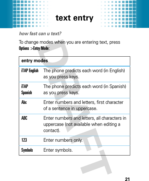 text entry21text entryhow fast can u text?To change modes when you are entering text, press Options&gt;Entry Mode:entry modesiTAP EnglishThe phone predicts each word (in English) as you press keys.iTAP SpanishThe phone predicts each word (in Spanish) as you press keys.AbcEnter numbers and letters, first character of a sentence in uppercase.ABCEnter numbers and letters, all characters in uppercase (not available when editing a contact).123Enter numbers only.SymbolsEnter symbols.