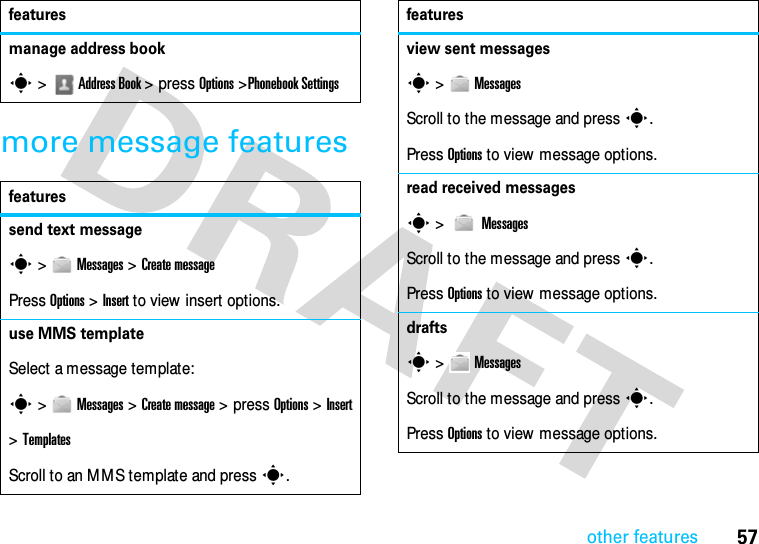 57other featuresmore message featuresmanage address books&gt;Address Book &gt; pressOptions &gt;Phonebook Settingsfeaturessend text messages&gt;Messages &gt;Create messagePress Options &gt;Insert to view insert options.use MMS templateSelect a message template:s&gt; Messages &gt;Create message &gt; press Options &gt; Insert&gt; TemplatesScroll to an M MS template and press s.featuresview sent messagess&gt; MessagesScroll to the message and press s.Press Options to view message options.read received messagess &gt;  MessagesScroll to the message and press s.Press Options to view message options.drafts s &gt;MessagesScroll to the message and press s.Press Options to view message options.features