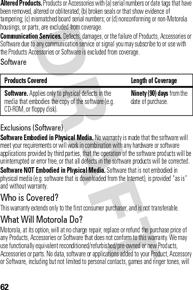 62Altered Products. Products or Accessories with (a) serial numbers or date tags that have been removed, altered or obliterated; (b) broken seals or that show evidence of tampering; (c) mismatched board serial numbers; or (d) nonconforming or non-Motorola housings, or parts, are excluded from coverage.Communication Services. Defects, damages, or the failure of Products, Accessories or Software due to any communication service or signal you may subscribe to or use with the Products Accessories or Software is excluded from coverage.SoftwareExclusions (Software)Software Embodied in Physical Media. No warranty is made that the software will meet your requirements or will work in combination with any hardware or software applications provided by third parties, that the operation of the software products will be uninterrupted or error free, or that all defects in the software products will be corrected.Software NOT Embodied in Physical Media. Software that is not embodied in physical media (e.g. software that is downloaded from the Internet), is provided “as is” and without warranty.Who is Covered?This warranty extends only to the first consumer purchaser, and is not transferable.What Will Motorola Do?Motorola, at its option, will at no charge repair, replace or refund the purchase price of any Products, Accessories or Software that does not conform to this warranty. We may use functionally equivalent reconditioned/refurbished/pre-owned or new Products, Accessories or parts. No data, software or applications added to your Product, Accessory or Software, including but not limited to personal contacts, games and ringer tones, will Products Covered Length of CoverageSoftware. Applies only to physical defects in the media that embodies the copy of the software (e.g. CD-ROM, or floppy disk).Ninety (90) days from the date of purchase.