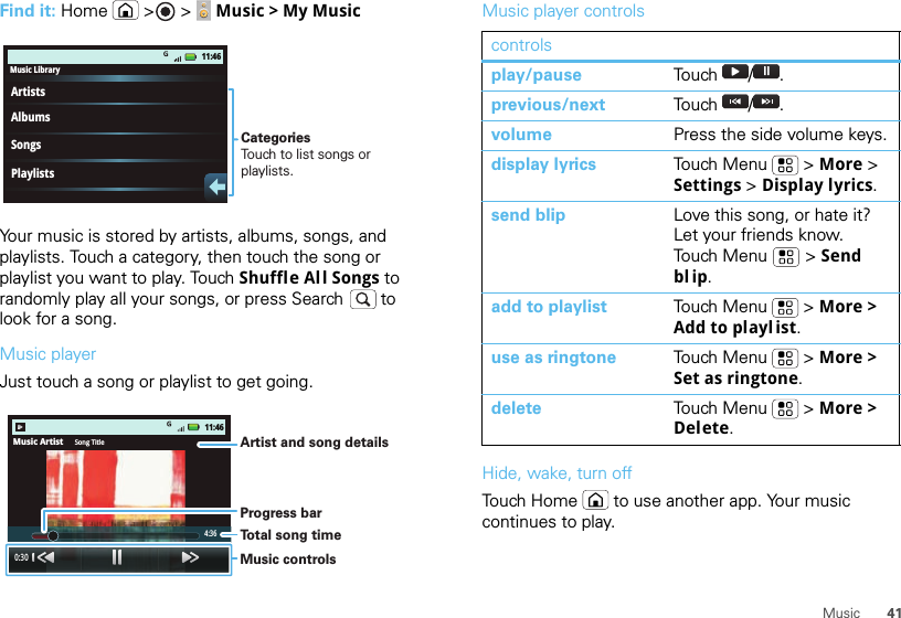 41MusicFind it: Home  &gt; &gt;   Music &gt; My MusicYour music is stored by artists, albums, songs, and playlists. Touch a category, then touch the song or playlist you want to play. Touch Shuffle Al l Songs to randomly play all your songs, or press Search  to look for a song.Music playerJust touch a song or playlist to get going.Music LibraryArtistsAlbumsSongsPlaylists11:46CategoriesTouch to list songs or playlists.Music Artist Song Title4:3611:460:30Artist and song detailsMusic controlsProgress barTo t al song timeMusic player controlsHide, wake, turn offTouch Home  to use another app. Your music continues to play.controlsplay/pause To u ch  / .previous/next Touch  / .volume Press the side volume keys.display lyrics Touch Menu  &gt; More &gt; Settings &gt; Display lyrics.send blip Love this song, or hate it? Let your friends know. Touch Menu  &gt; Send bl ip.add to playlist Touch Menu  &gt; More &gt; Add to playl ist.use as ringtone Touch Menu  &gt; More &gt; Set as ringtone.delete Touch Menu  &gt; More &gt; Delete.