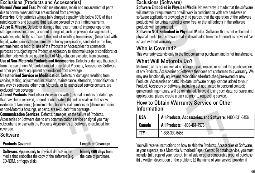 49Exclusions (Products and Accessories)Normal Wear and Tear. Periodic maintenance, repair and replacement of parts due to normal wear and tear are excluded from coverage.Batteries. Only batteries whose fully charged capacity falls below 80% of their rated capacity and batteries that leak are covered by this limited warranty.Abuse &amp; Misuse. Defects or damage that result from: (a) improper operation, storage, misuse or abuse, accident or neglect, such as physical damage (cracks, scratches, etc.) to the surface of the product resulting from misuse; (b) contact with liquid, water, rain, extreme humidity or heavy perspiration, sand, dirt or the like, extreme heat, or food; (c) use of the Products or Accessories for commercial purposes or subjecting the Product or Accessory to abnormal usage or conditions; or (d) other acts which are not the fault of Motorola, are excluded from coverage.Use of Non-Motorola Products and Accessories. Defects or damage that result from the use of non-Motorola branded or certified Products, Accessories, Software or other peripheral equipment are excluded from coverage.Unauthorized Service or Modification. Defects or damages resulting from service, testing, adjustment, installation, maintenance, alteration, or modification in any way by someone other than Motorola, or its authorized service centers, are excluded from coverage.Altered Products. Products or Accessories with (a) serial numbers or date tags that have been removed, altered or obliterated; (b) broken seals or that show evidence of tampering; (c) mismatched board serial numbers; or (d) nonconforming or non-Motorola housings, or parts, are excluded from coverage.Communication Services. Defects, damages, or the failure of Products, Accessories or Software due to any communication service or signal you may subscribe to or use with the Products Accessories or Software is excluded from coverage.SoftwareProducts Covered Length of CoverageSoftware. Applies only to physical defects in the media that embodies the copy of the software (e.g. CD-ROM, or floppy disk).Ninety (90) days from the date of purchase.Exclusions (Software)Software Embodied in Physical Media. No warranty is made that the software will meet your requirements or will work in combination with any hardware or software applications provided by third parties, that the operation of the software products will be uninterrupted or error free, or that all defects in the software products will be corrected.Software NOT Embodied in Physical Media. Software that is not embodied in physical media (e.g. software that is downloaded from the Internet), is provided “as is” and without warranty.Who is Covered?This warranty extends only to the first consumer purchaser, and is not transferable.What Will Motorola Do?Motorola, at its option, will at no charge repair, replace or refund the purchase price of any Products, Accessories or Software that does not conform to this warranty. We may use functionally equivalent reconditioned/refurbished/pre-owned or new Products, Accessories or parts. No data, software or applications added to your Product, Accessory or Software, including but not limited to personal contacts, games and ringer tones, will be reinstalled. To avoid losing such data, software, and applications, please create a back up prior to requesting service.How to Obtain Warranty Service or Other InformationYou will receive instructions on how to ship the Products, Accessories or Software, at your expense, to a Motorola Authorized Repair Center. To obtain service, you must include: (a) a copy of your receipt, bill of sale or other comparable proof of purchase; (b) a written description of the problem; (c) the name of your service provider, if USA All Products, Accessories, and Software: 1-800-331-6456Canada All Products: 1-800-461-4575TTY1-888-390-6456