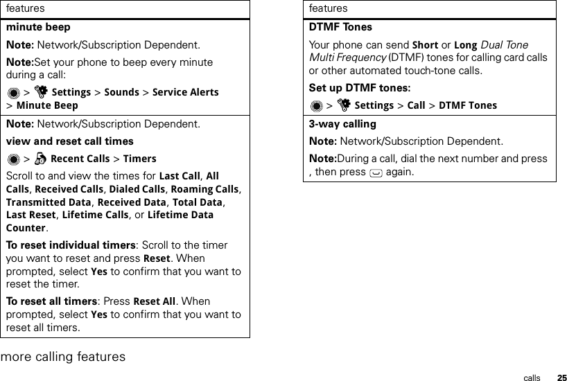 25callsmore calling featuresfeaturesminute beepNote: Network/Subscription Dependent. Note:Set your phone to beep every minute during a call:&gt;uSettings &gt; Sounds &gt; Service Alerts &gt;Minute BeepNote: Network/Subscription Dependent. view and reset call times&gt;qRecent Calls &gt; TimersScroll to and view the times for Last Call, All Calls, Received Calls, Dialed Calls, Roaming Calls, Transmitted Data, Received Data, Total Data, Last Reset, Lifetime Calls, or Lifetime Data Counter.To reset individual timers: Scroll to the timer you want to reset and press Reset. When prompted, select Yes to confirm that you want to reset the timer.To reset all timers: Press Reset All. When prompted, select Yes to confirm that you want to reset all timers.featuresDTMF TonesYour phone can send Short or Long Dual Tone Multi Frequency (DTMF) tones for calling card calls or other automated touch-tone calls.Set up DTMF tones:&gt;uSettings &gt; Call &gt; DTMF Tones3-way callingNote: Network/Subscription Dependent. Note:During a call, dial the next number and press , then press   again.