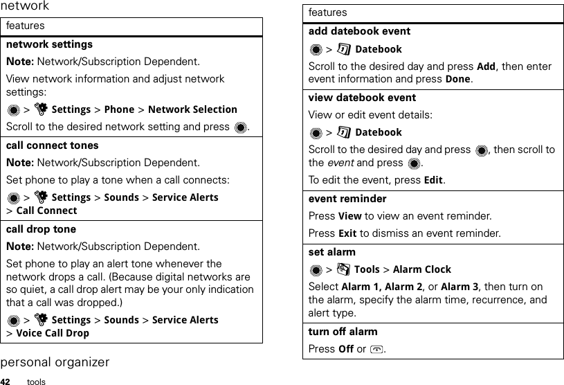 42 toolsnetworkpersonal organizerfeaturesnetwork settings Note: Network/Subscription Dependent.View network information and adjust network settings: &gt; uSettings &gt; Phone &gt; Network SelectionScroll to the desired network setting and press .call connect tones Note: Network/Subscription Dependent.Set phone to play a tone when a call connects: &gt; uSettings &gt; Sounds &gt; Service Alerts &gt;Call Connectcall drop tone Note: Network/Subscription Dependent.Set phone to play an alert tone whenever the network drops a call. (Because digital networks are so quiet, a call drop alert may be your only indication that a call was dropped.) &gt; uSettings &gt; Sounds &gt; Service Alerts &gt;VoiceCallDropfeaturesadd datebook event &gt; GDatebookScroll to the desired day and press Add, then enter event information and press Done.view datebook event View or edit event details: &gt; GDatebookScroll to the desired day and press , then scroll to the event and press .To edit the event, press Edit.event reminderPress View to view an event reminder.Press Exit to dismiss an event reminder.set alarm &gt; mTools &gt; Alarm ClockSelect Alarm 1, Alarm 2, or Alarm 3, then turn on the alarm, specify the alarm time, recurrence, and alert type.turn off alarm Press Off or .